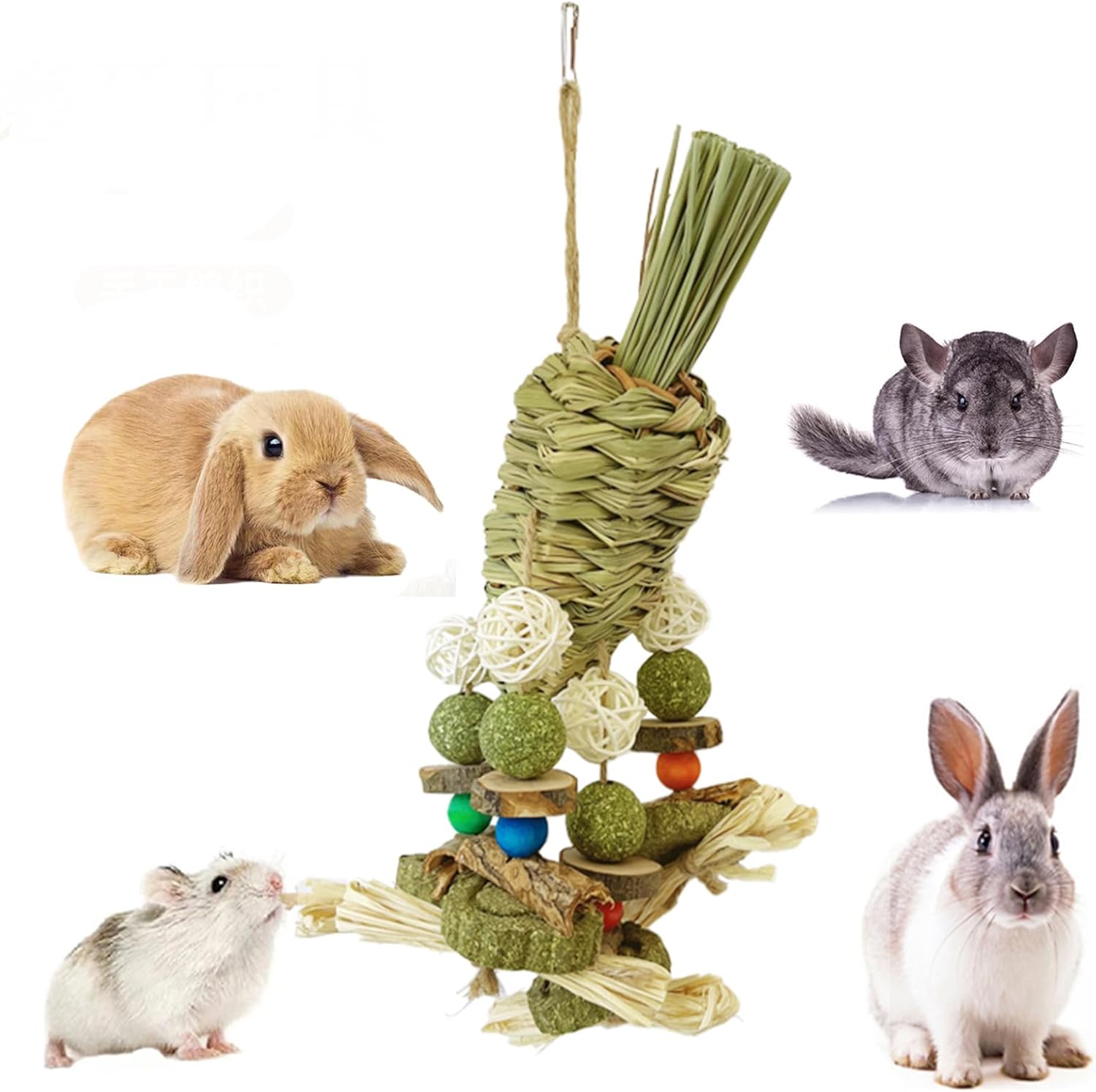 Rabbit Chew Toys Natural Grass Hanging Basket Chews Bunny for Rabbits, Guinea Pigs, Chinchillas, Hamsters, Small Pets