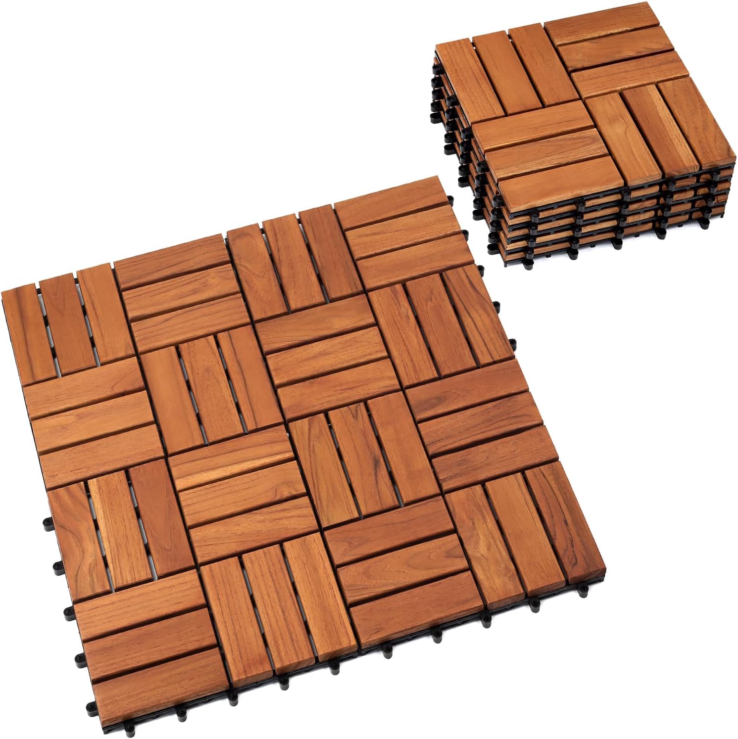 Teak Deck Tiles (Pack of 9) Hardwood Interlocking Patio Deck Tiles, Teak Wood Deck Tiles Interlocking Outdoor, Patio Tiles Outdoor Interlocking Waterp (9, Natural, 12 Slat)