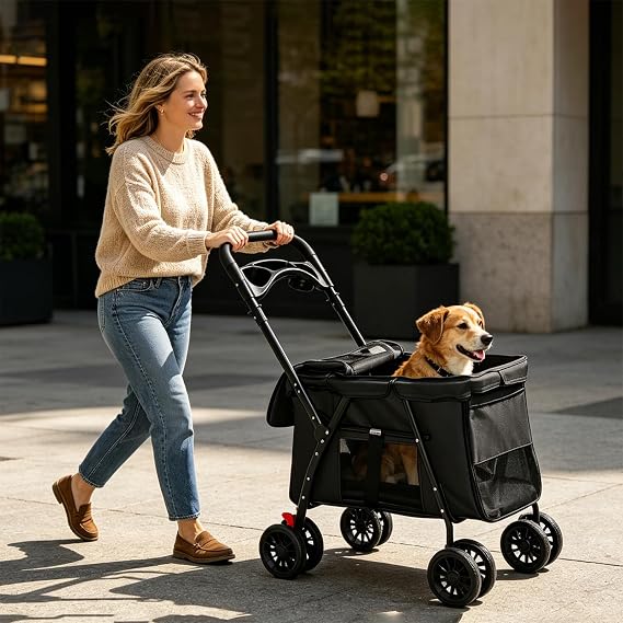 Pet Stroller for Small and Medium Dogs and Cats Up to 33 lbs, Foldable 4-Wheel Pet Stroller with Breathable Mesh, Shockproof Wheels, Brakes, Storage Tray, 2 Safety Leashes