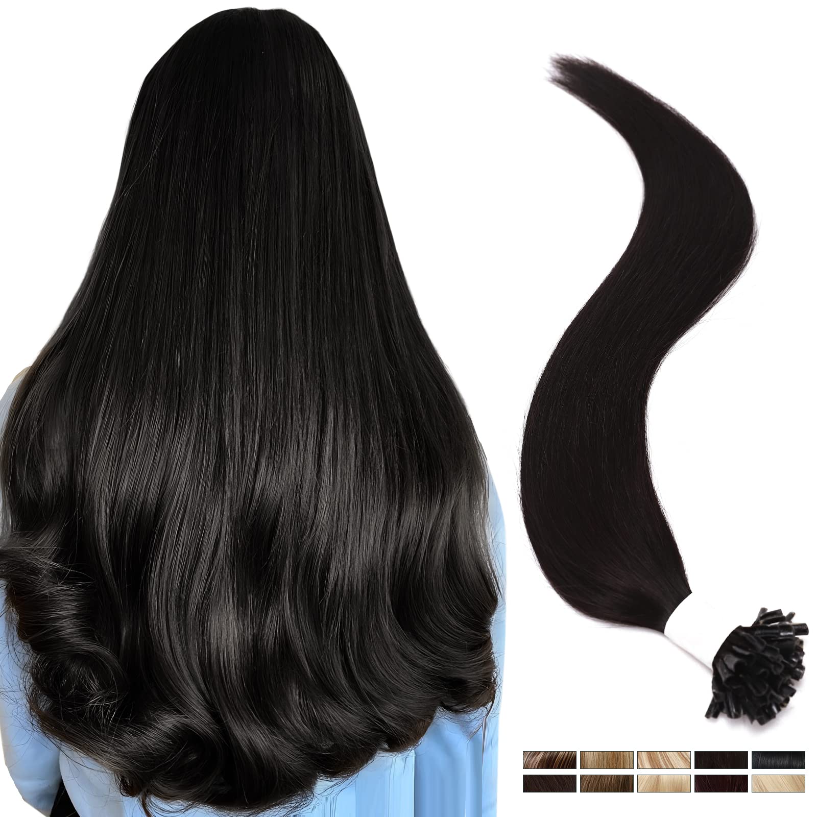 ElailiteKeratin Bond Hair Extensions Human Hair V3.0 U Tip Glue 50g/50s #1B Natural Black Heat Fusion 100% Real Seamless Silky Natural Straight for Women 20 Inch