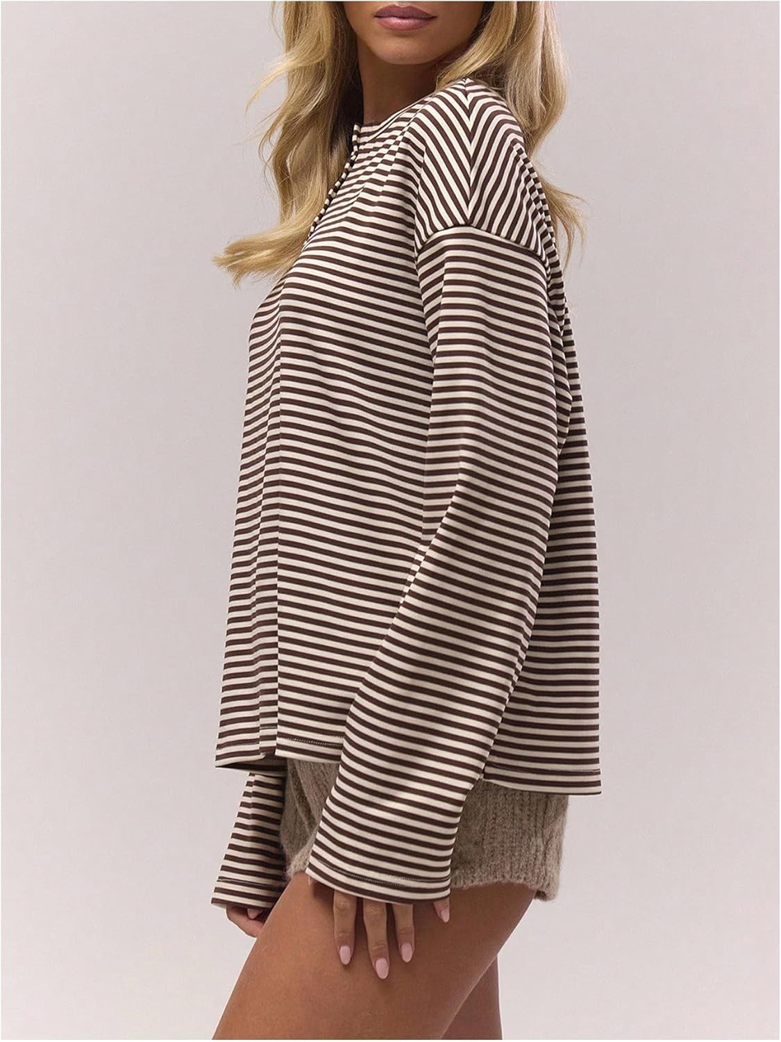 GORGLITTER Women's Striped Long Sleeve Tee Shirt Y2k Oversized Half Button Drop Shoulder Loose Tee Tops - Image 2