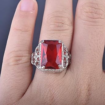 Sdouefos Vintage Emerald Cut Created Red Ruby Sterling Silver Promise Wedding Engagement Ring for Women