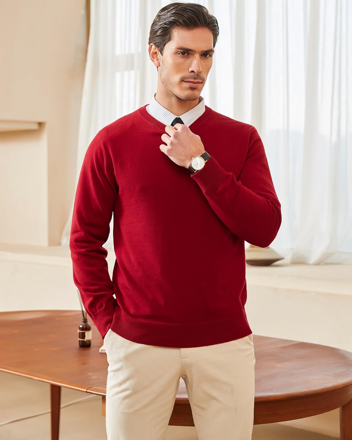 Kallspin Men's Crew Neck Sweater Pullover Regular Fit Pure Cotton Long Sleeve Lightweight Knit Casual Everyday Layering - Image 2