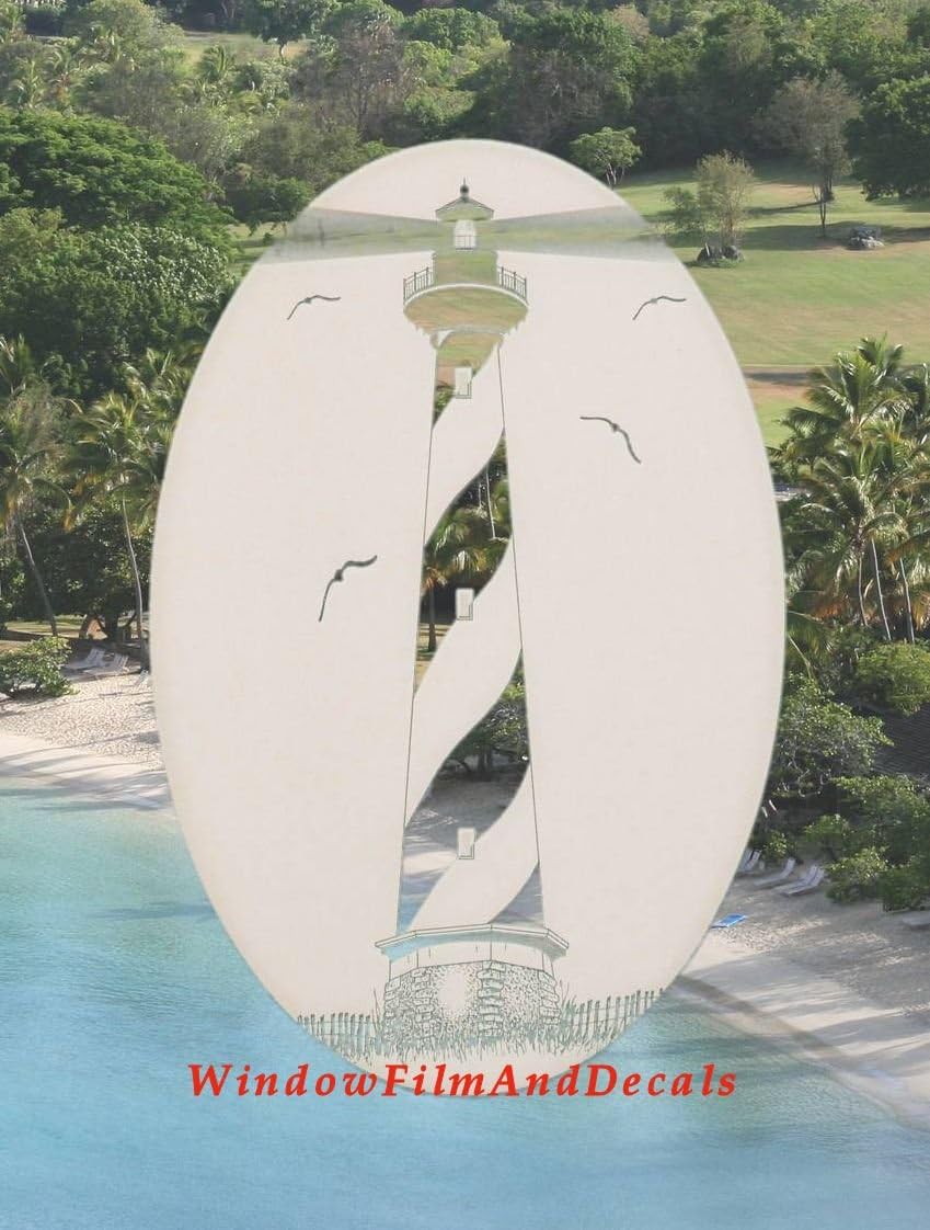 Hatteras Lighthouse Oval Etched Window Decal Vinyl Glass Cling - 15" x 23" - White with Clear Design Elements