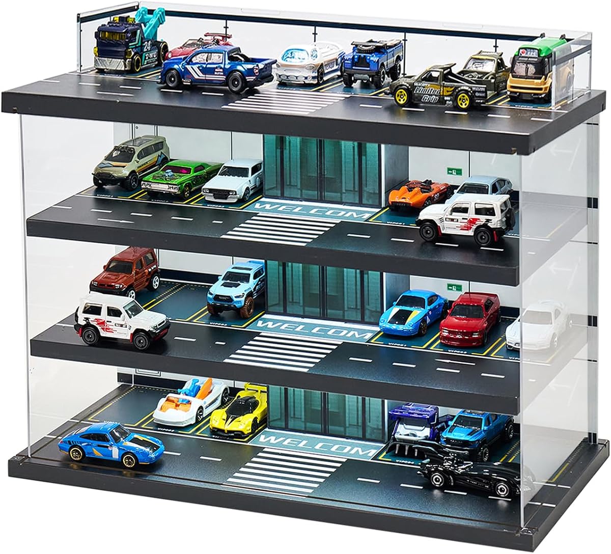Display Case for Hot Wheels & Matchbox Cars with LED Light, Toy Car Garage | Wood,Hold 50+ Cars, 1/64 Diecast Display, Dust Cover, Garage Diorama, Storage Case for Hot Wheels Car, Freestanding, Man Cave