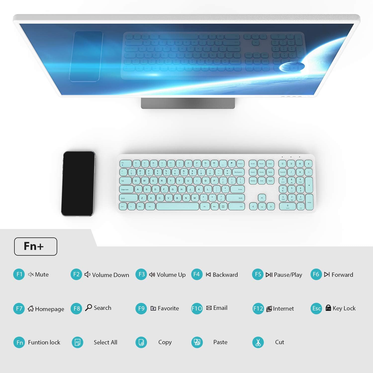 Exclusive cimetech Wireless Keyboard, 2.4G Advanced Full Size Keyboard with Number Pad, Silent Ergonomic Keyboard and 110 Keys, for Laptop, Desktop, PC, Mac, Windows 10/8/7/XP, Battery Included (Aqua Green)