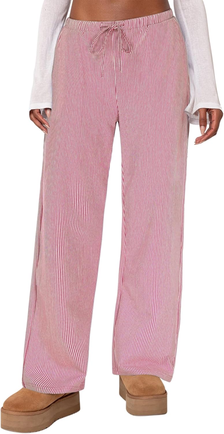 Womens Striped Pajama Pants Cotton Comfy Lounge Pj Pants Casual Wide Leg Drawstring Elastic Sleep Bottoms with Pockets