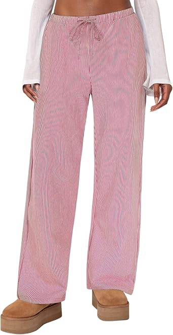 Womens Striped Pajama Pants Cotton Comfy Lounge Pj Pants Casual Wide Leg Drawstring Elastic Sleep Bottoms with Pockets