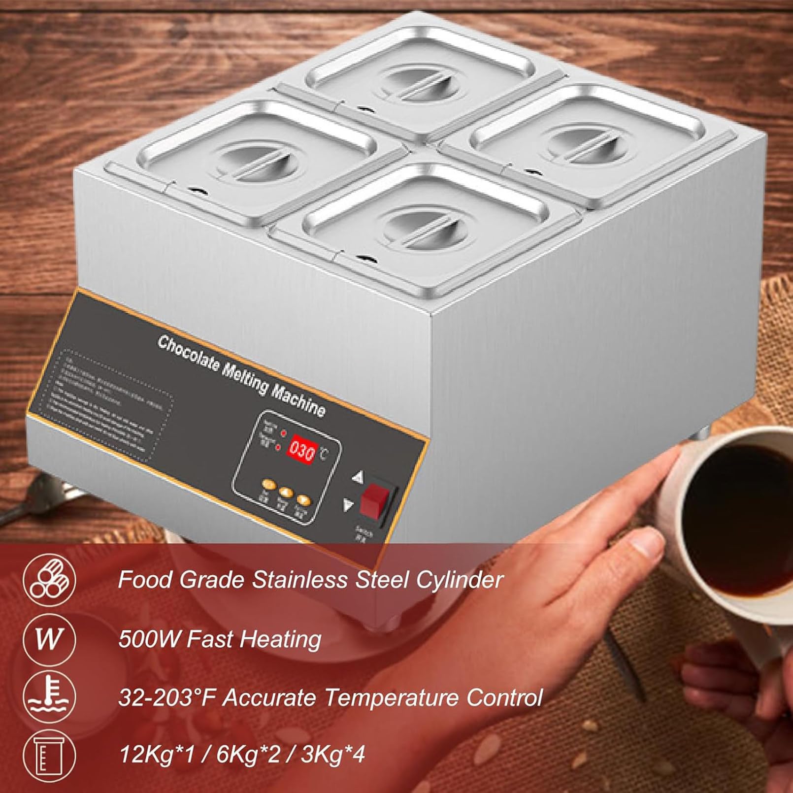 Macchina temperare il cioccolato commerciale da 500 W, 0℃~95℃, scioglitore di con pentole 12 litri, controllo automatico della temperatura, riscaldamento dell'acqua, macchina sciogliere caldo 4tank