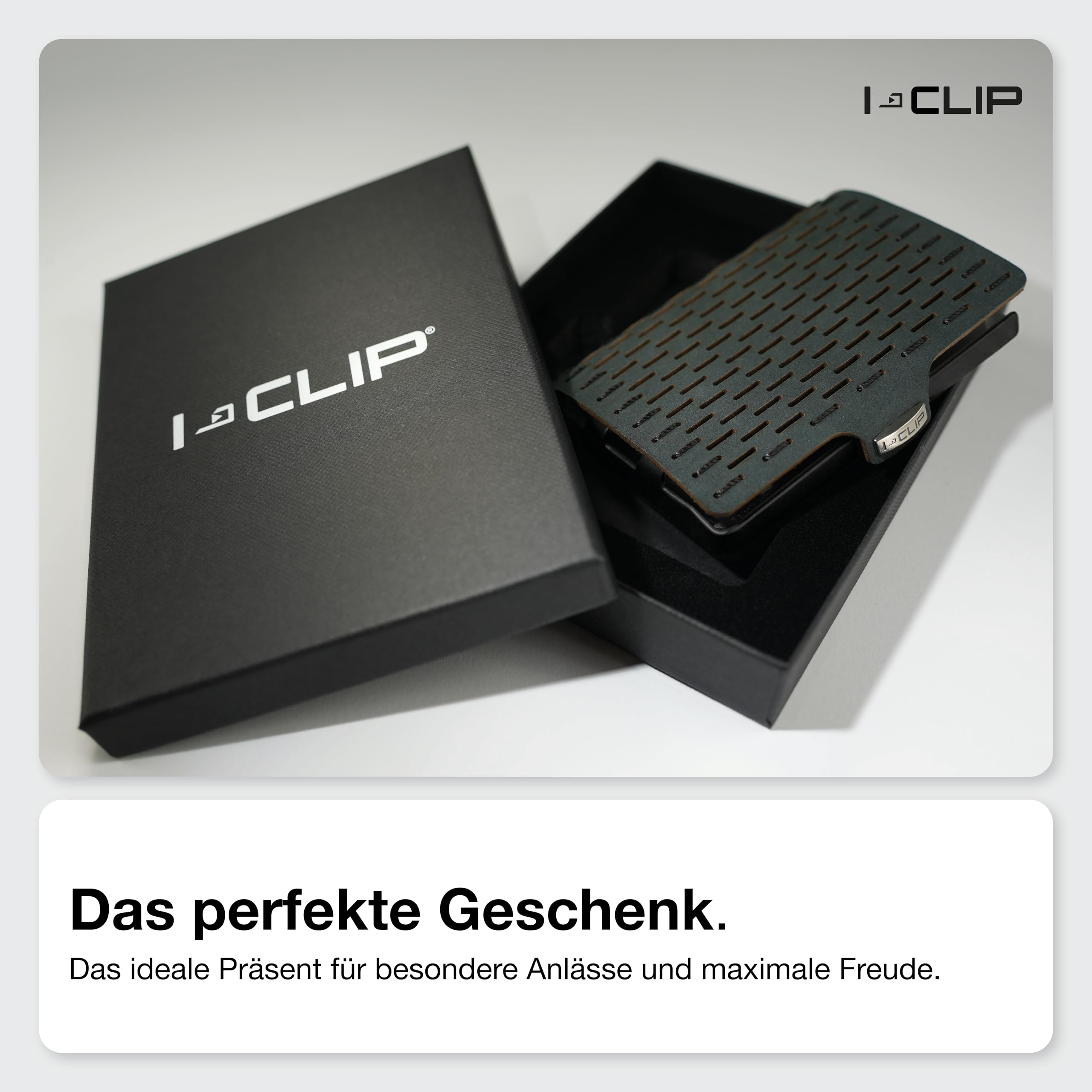 I-CLIP Original Geldbörse mit Münzfach - Slim Wallet - Leder Geldbörse mit Geldklammer - Schwarz mit schwarzem Rahmen