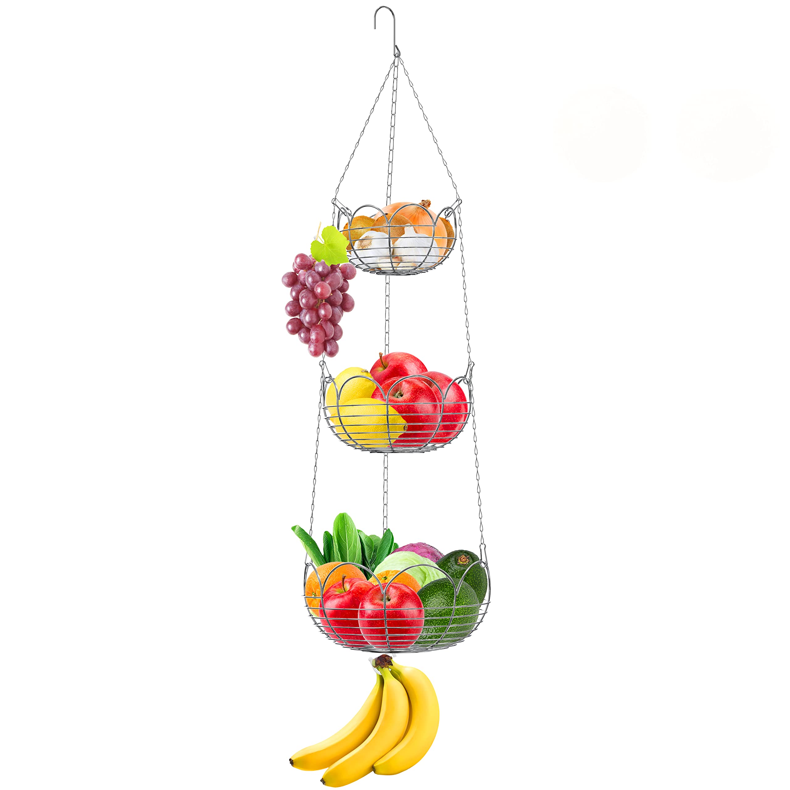 Simple HousewareModern 3-Tier Hanging Fruit Basket, Chrome
