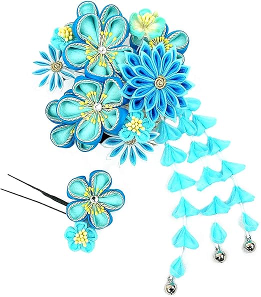 つまみ細工 髪飾り 大小 2点セット Kk 009 かんざし 花飾り フラワー 水色 青 ブルー コーム型 成人式 振袖 浴衣 卒業式 結婚式 和装小物 通販