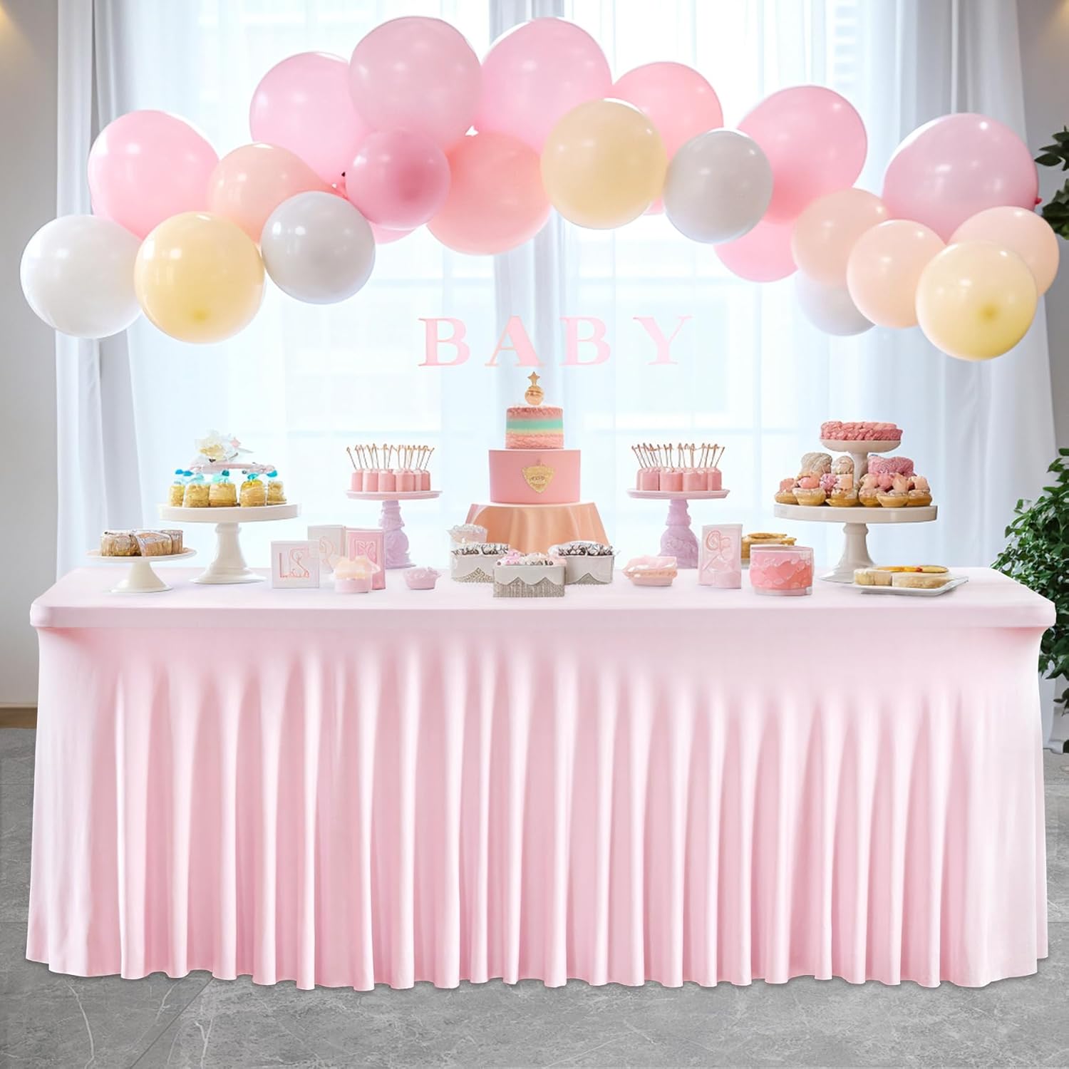 2 Packs Size 6 foot Pink Table Clothes for 6 Foot Rectangle Tables, One-Piece Wrinkle Resistant Stretch Spandex Table Covers with Skirt for Event Banquet Wedding Birthday Party