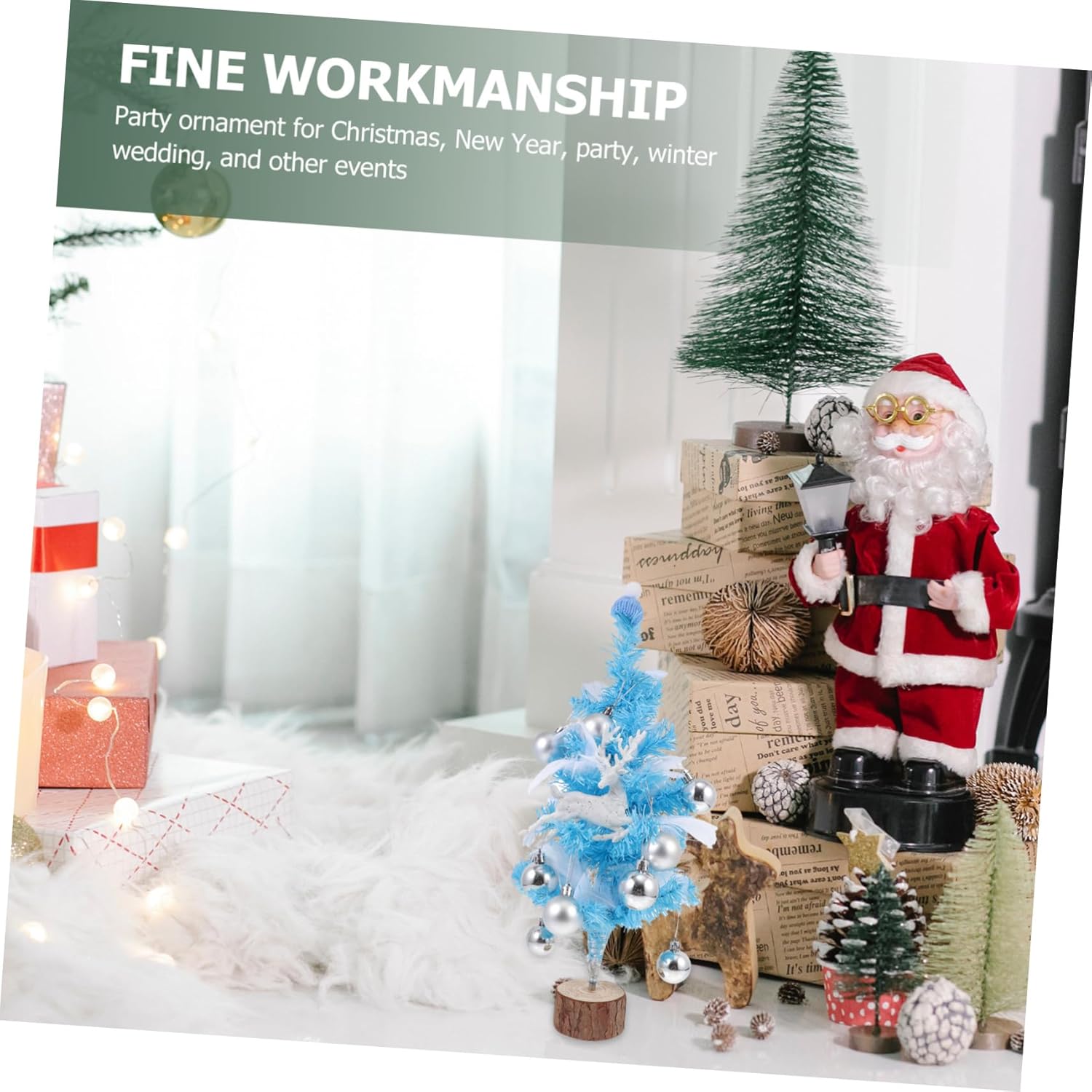 YYZKYTO 1 Set Snow Frosted Tree with Balls Artificial Flocked Christmas Decor Accessories Blush Decor Ornament Blue Commemoration Day