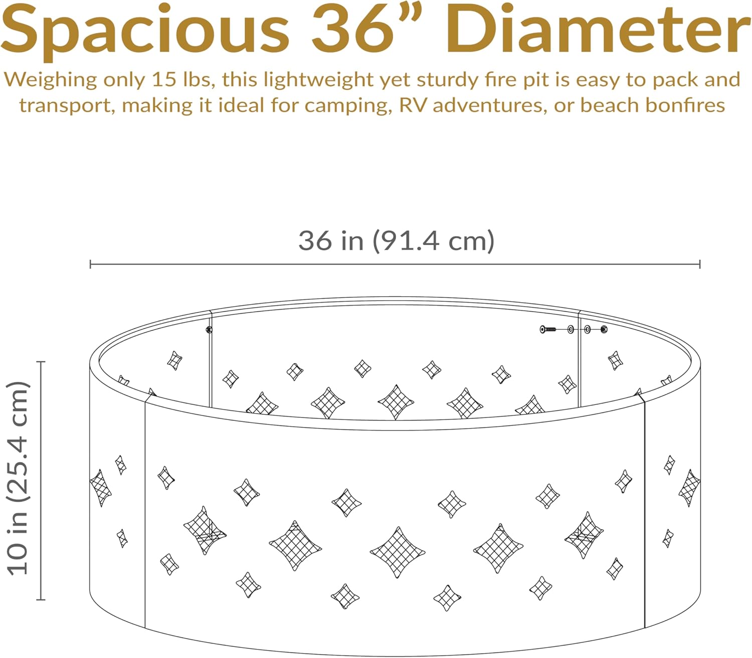 Sunnydaze 36-Inch Outdoor Fire Pit Ring with Poker - Round Heavy-Duty Steel Fire Ring for Camping or Backyard - Diamond - 10" H