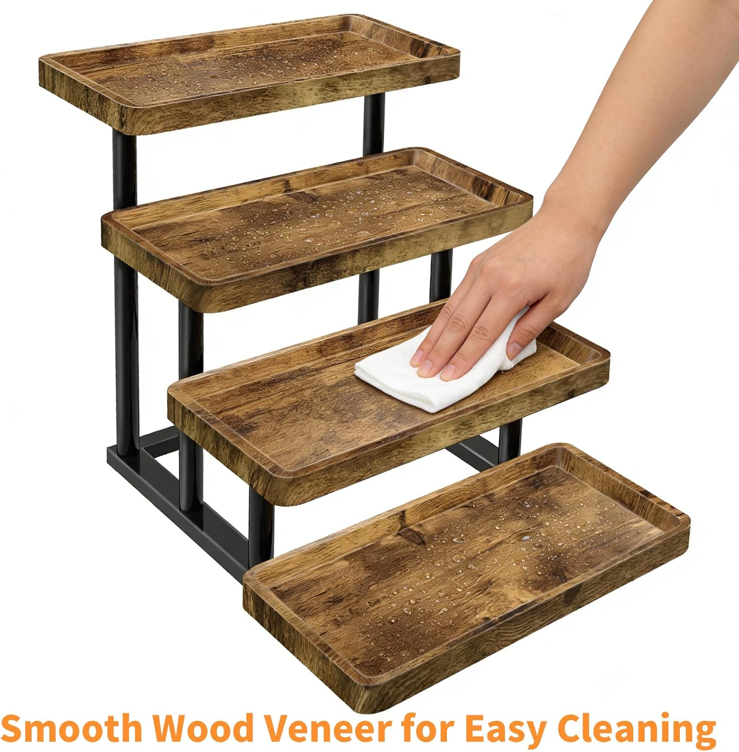 4 Tier Cupcake Stand, 15.7" Large Wooden Serving Tray for Party Food Display, Rustic Tiered Tray Decor Capable of Dessert Table & Perfume Organizer, with Sturdy Metal Frame