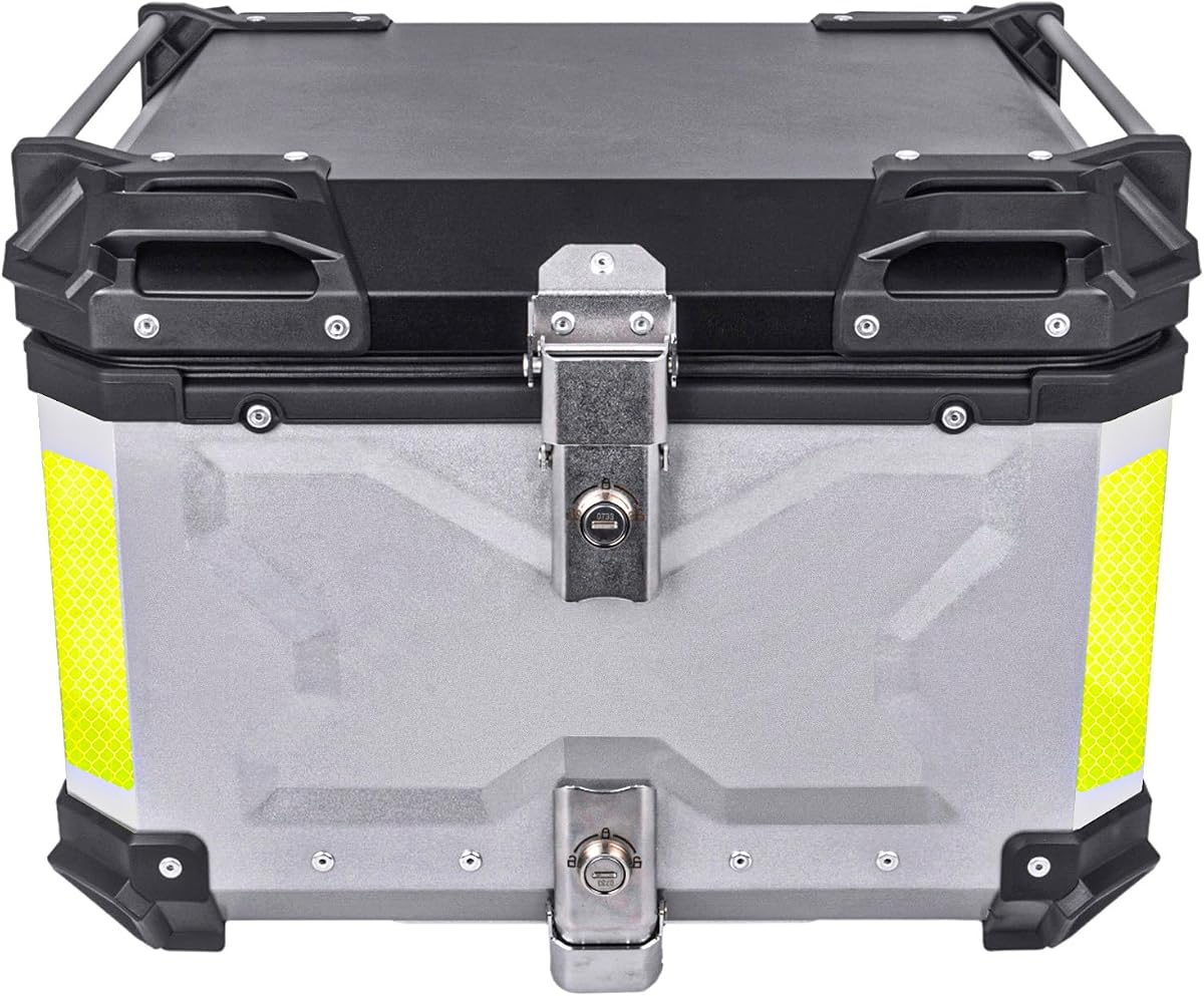 Baúl superior para motocicleta de 55 L, caja superior trasera de aluminio/RV/yate/motocicleta y caja trasera para almacenamiento de equipaje/casco/herramientas impermeable plateado