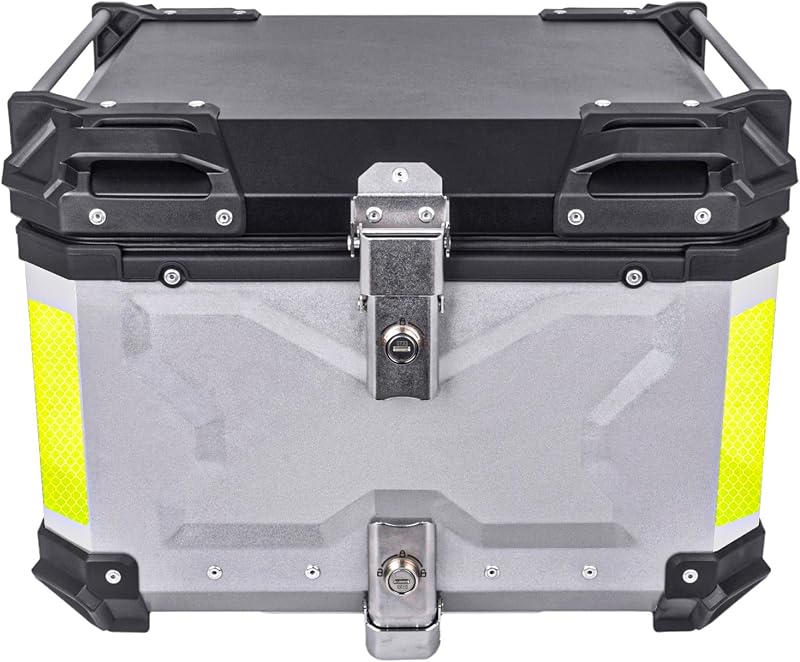 Baúl superior para motocicleta de 55 L, caja superior trasera de aluminio/RV/yate/motocicleta y caja trasera para almacenamiento de equipaje/casco/herramientas impermeable plateado
