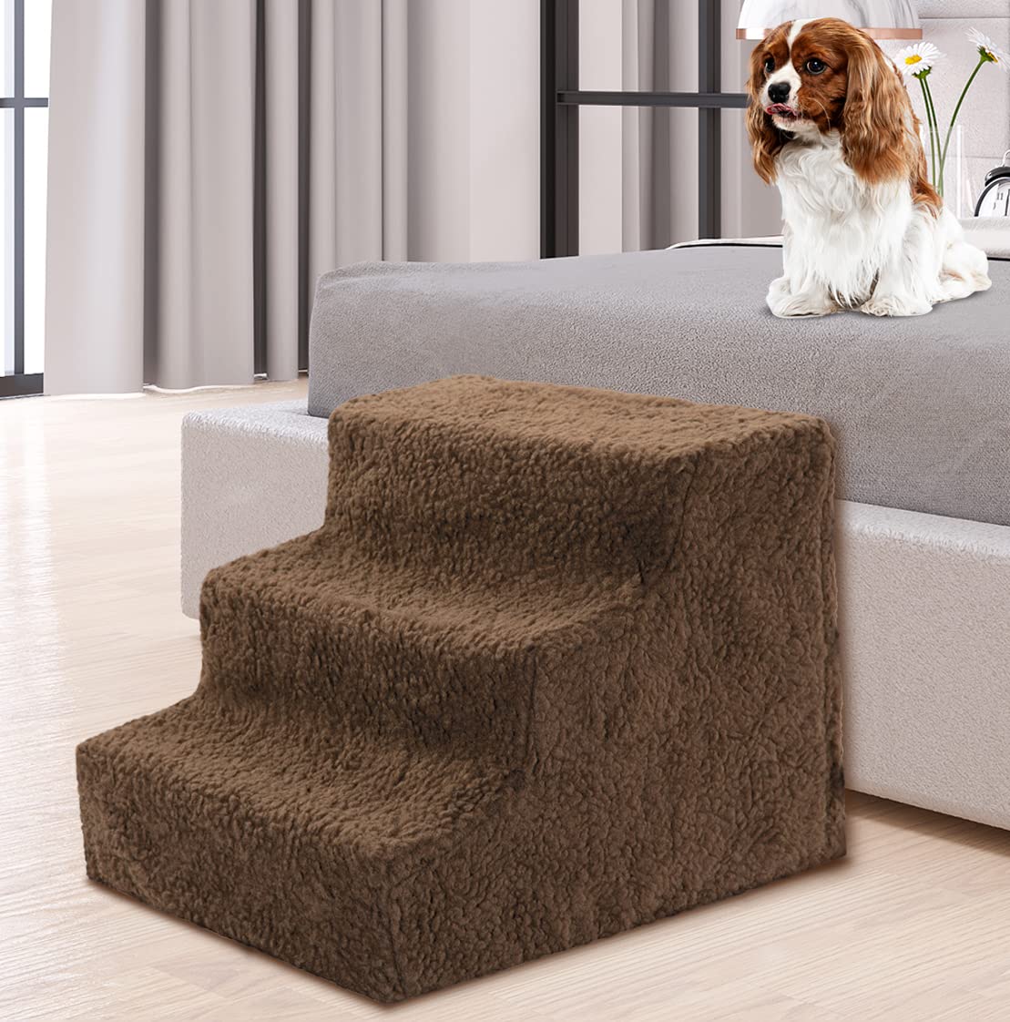bundaloo dog stairs for high beds, steps for smaller pets with removable and washable cover, no tools required (brown)