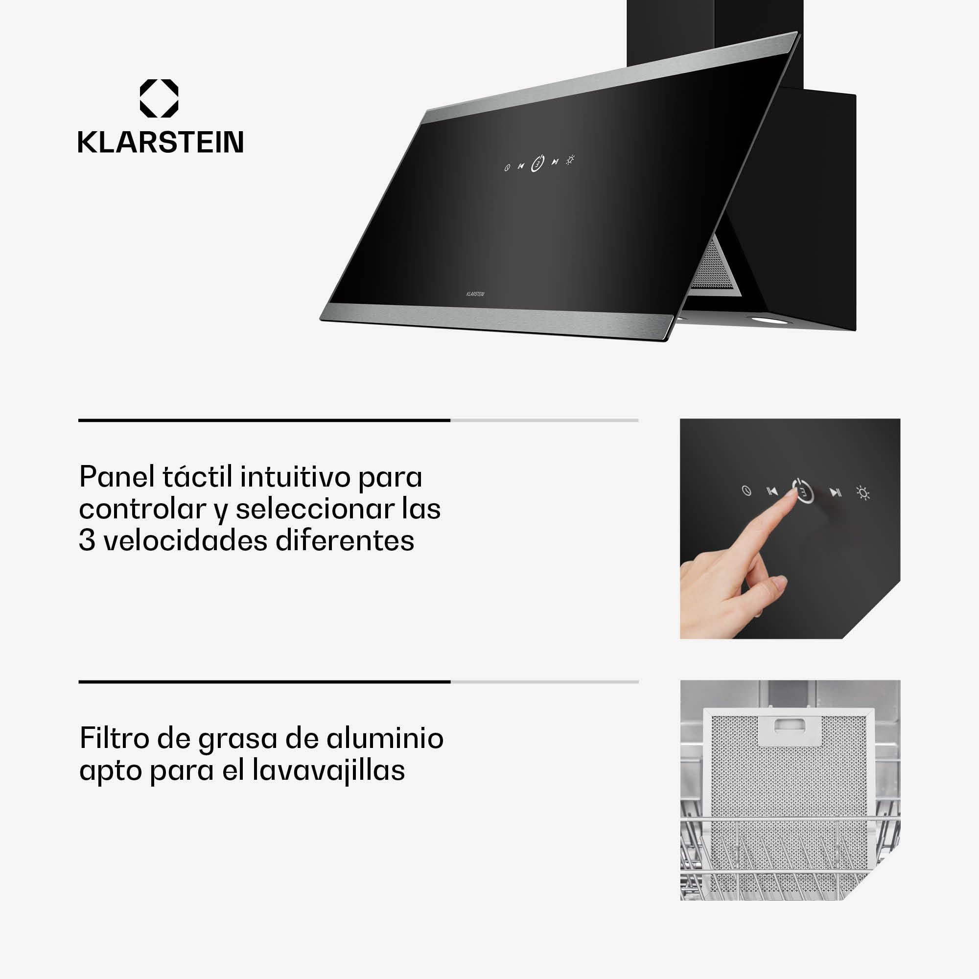 Klarstein FlashLine - Cappa da Cucina da 90cm, Cappa Inclinata, Touchscreen, 524 m³/ora, Efficienza Energetica A++, LED, Silenziosa: 34,5 dB, Nero, Scarico & Ricircolo