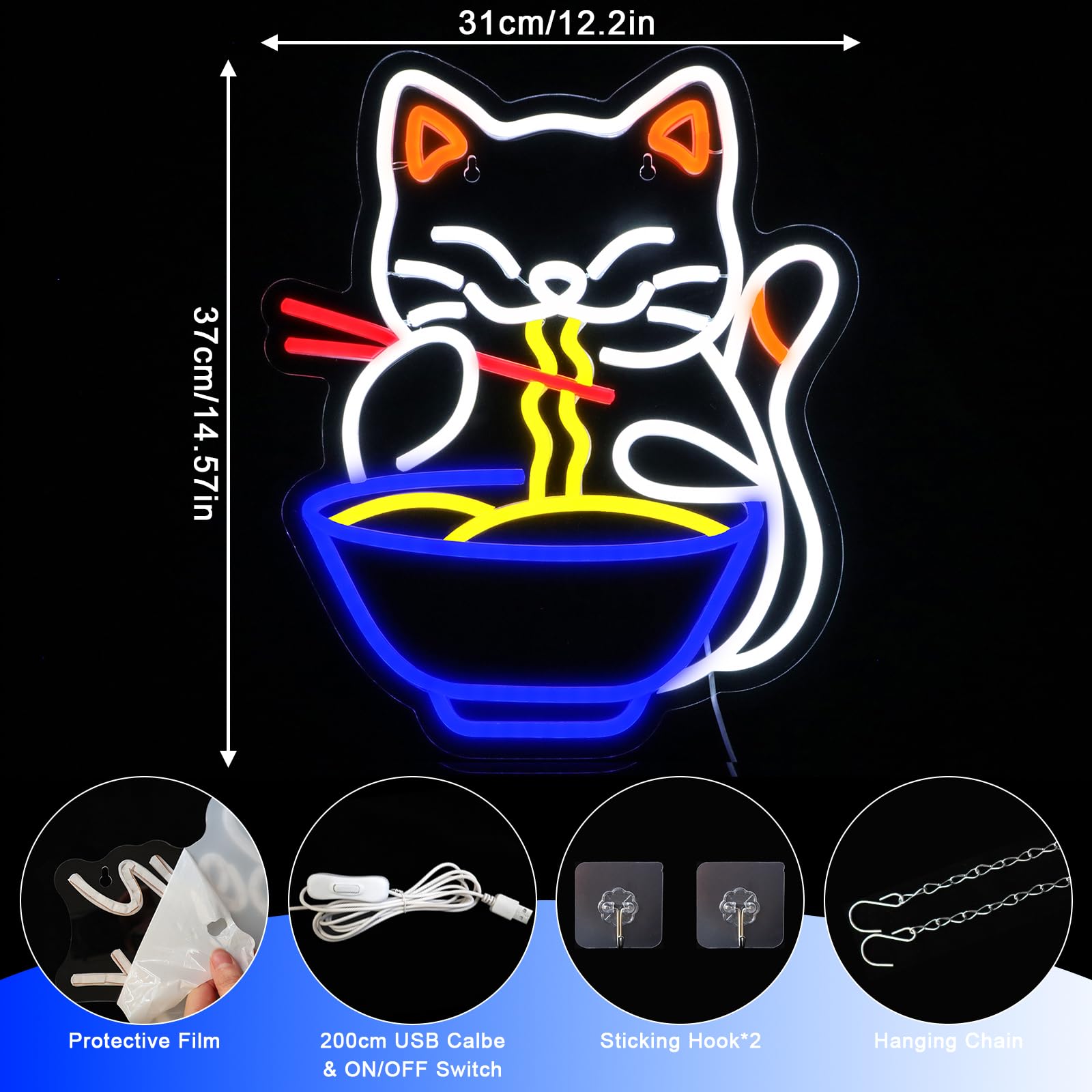 Cat Ramen Neon Schild Buntes Led Neon Schild Wand Katze Noodles Neon Sign Nudeln Led Schild für Resturant Ramen-Laden Küche Snack-Bar Wohn-Esszimmer Brunch Party Home Store Geschenke