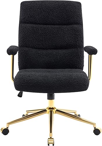 Miniatura 6 de Elegante silla de oficina negra y dorada con tela texturizada Boucle, moderna silla de escritorio con asiento acolchado, altura ajustable con base