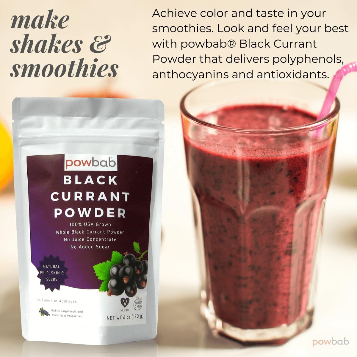powbab Black Currant Powder - 100% USA Grown Whole Black Currants. No Juice Concentrate, No Added Sugar. Made in USA from Dried Currants Unsweetened. Not Freeze Dried. Non-GMO, No Maltodextrin. (6 oz)