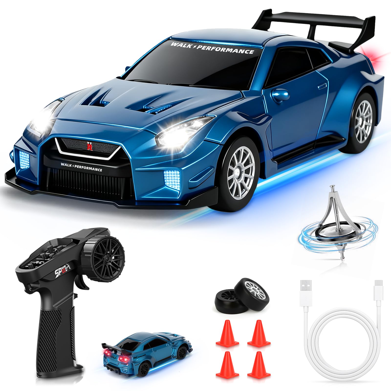 YOOHBERRYS Coche RC Drift Pro, 1:43 Mini RC Drift Car, 4WD Coche Radiocontrol con Giroscopios y Luces LED, 15km/h, Coche Teledirigido de Juguete para Niños de 14+ Años (Azul)
