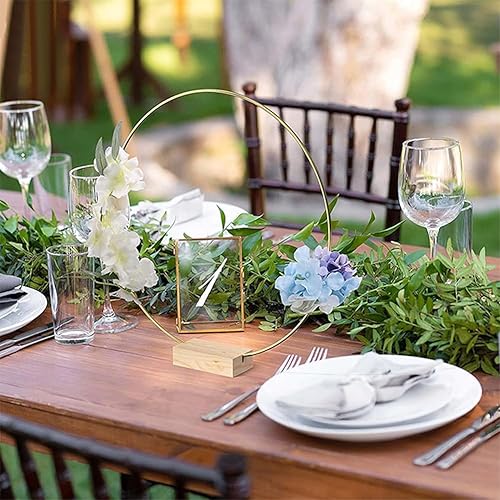 Miniatura 6 de 10 piezas de centro de mesa de aro floral de metal, anillo de corona dorada de 12 pulgadas con 10 soportes de madera, centro de mesa, decoración