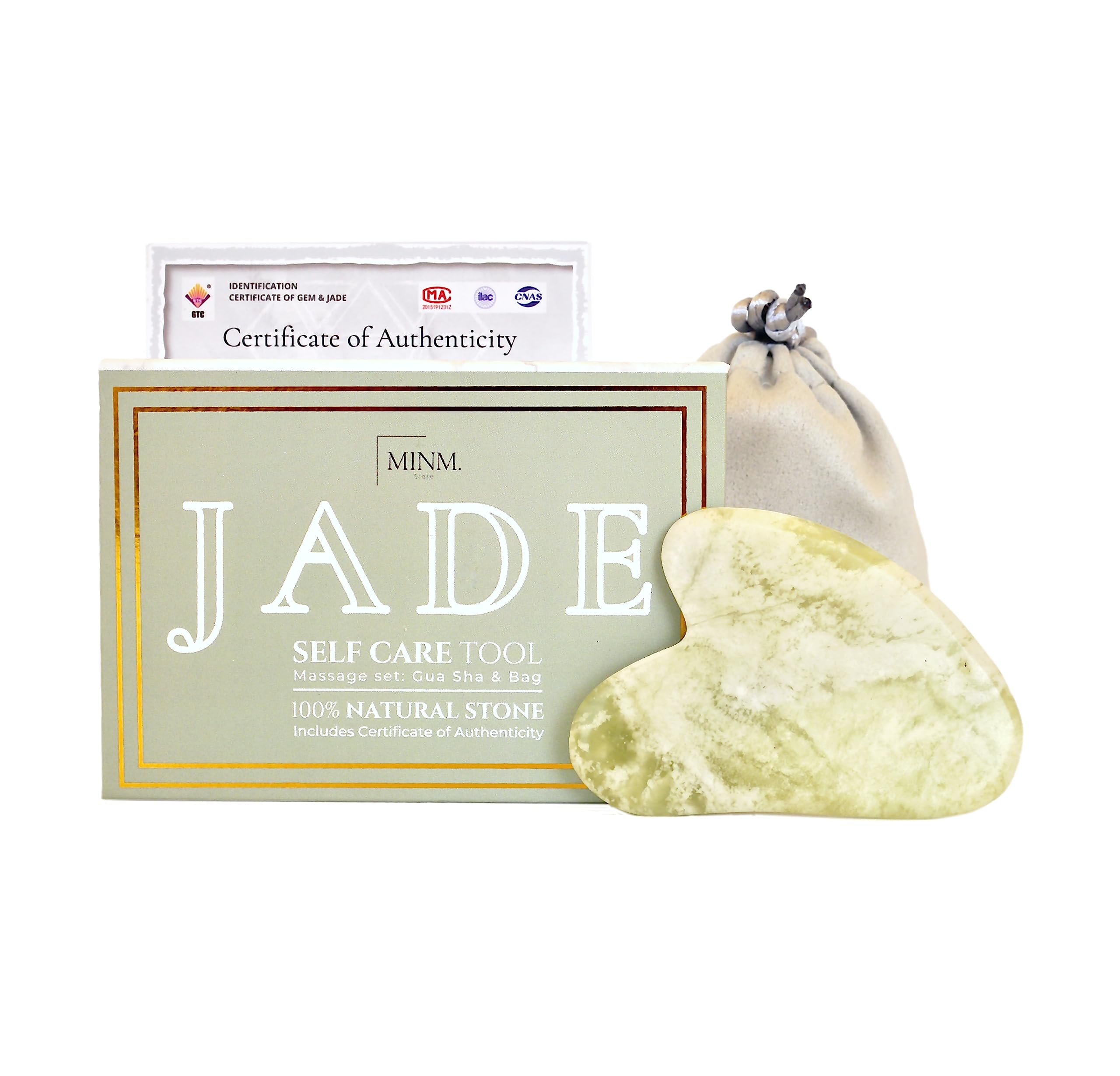 Gua Sha de Jade para Masaje Facial | Certificado Auténtico 100% Natural | Cuarzo Rosa | Masajeador cara cuello espalda piernas | Bolsa Viaje | Antiarrugas | Antiedad (Gua Sha Jade) (Green Jade)