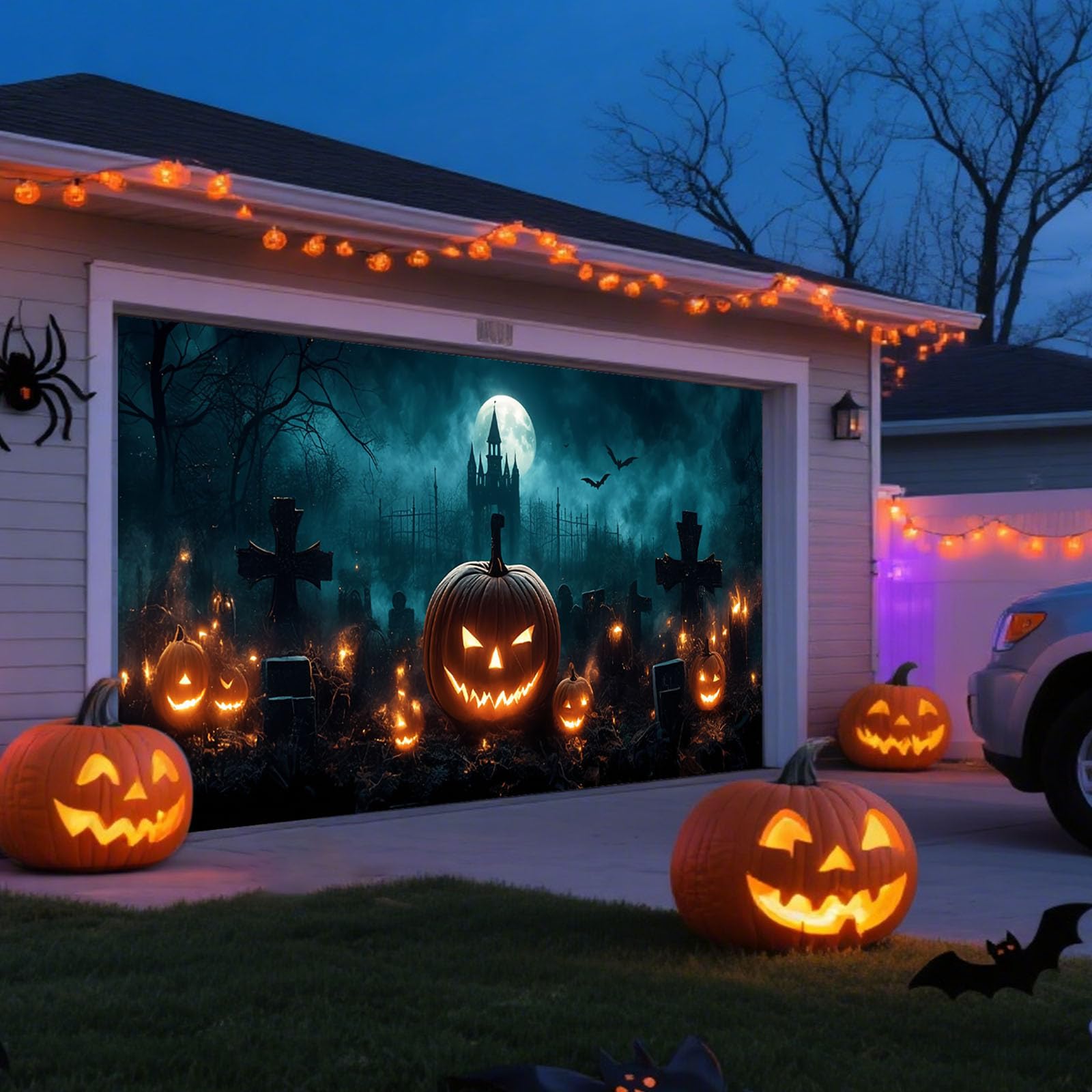 Letrero de Halloween para garaje, grande para exteriores, para fiestas, diseño de calabaza espeluznante, resistente, doble