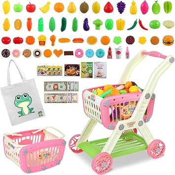 Kids Shopping Cart - 2 in 1 Toy Shopping Cart with Play Food Fruit Vegetable Dessert and Shop Accessories, 72pcs Pretend Play Grocery Store Toy Kitchen Game Trolley Play Set for Kids Pink