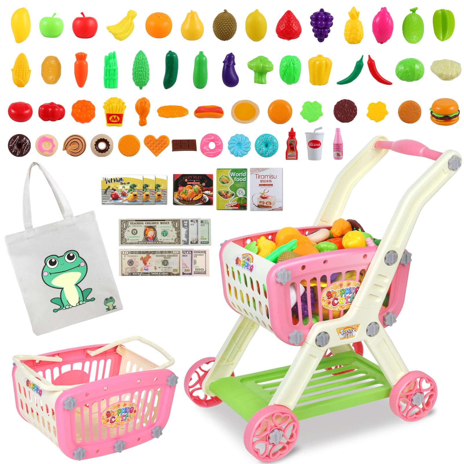 Kids Shopping Cart - 2 in 1 Toy Shopping Cart with Play Food Fruit Vegetable Dessert and Shop Accessories, 72pcs Pretend Play Grocery Store Toy Kitchen Game Trolley Play Set for Kids (Pink)