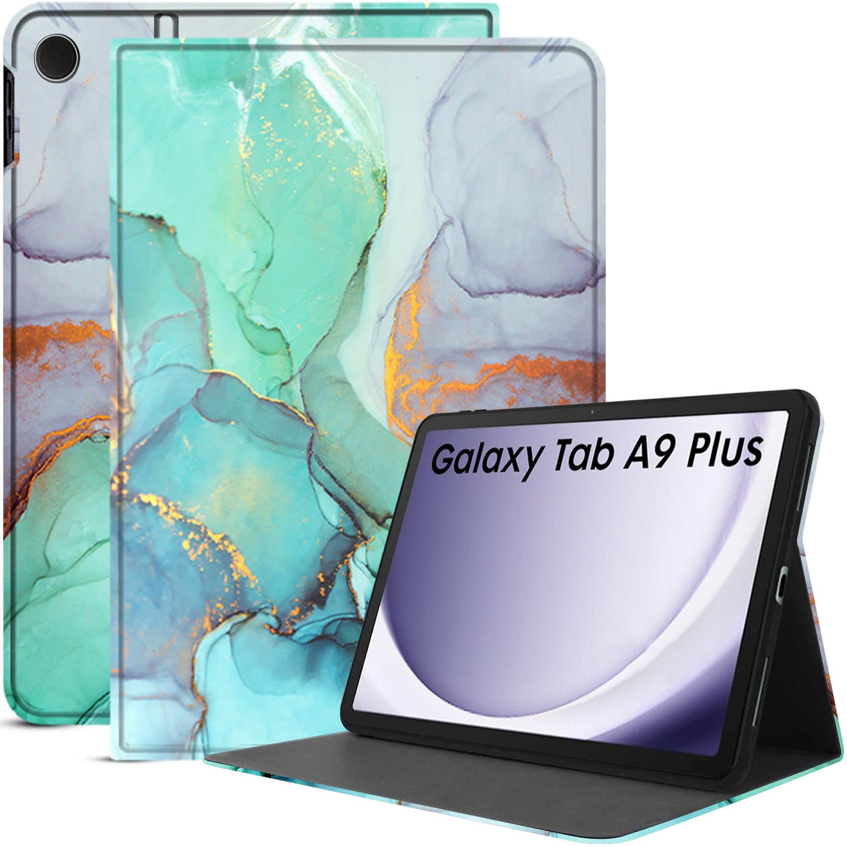 Robustrion Cover for Samsung Galaxy Tab A9 Plus 11 inch Cover Case, Folio Case Cover for Samsung Tab A9+ 11 inch - Marble Green
