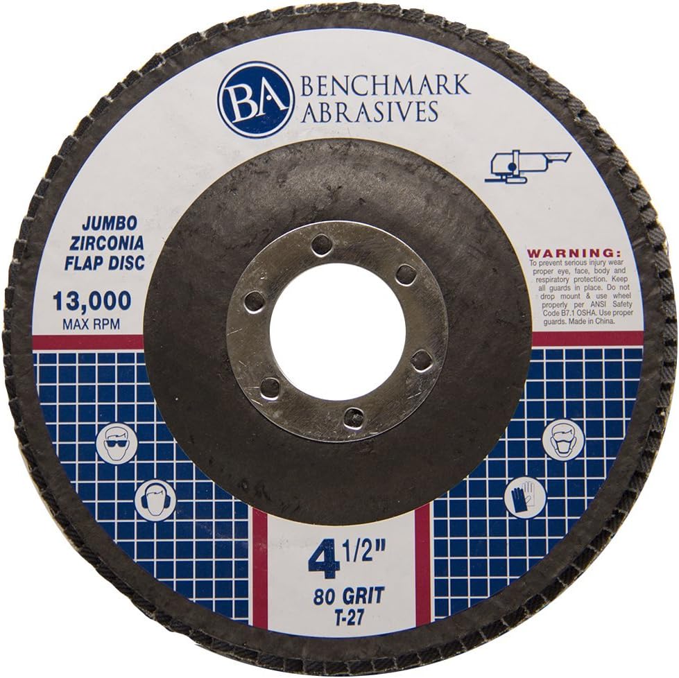 Benchmark Abrasives 4.5" x 7/8" Premium High-Density Jumbo Zirconia Type 27 Flap Discs for Sanding, Stock and Rust Removal, Finishing, Grinding, Deburring (10 Pack) - 80 Grit
