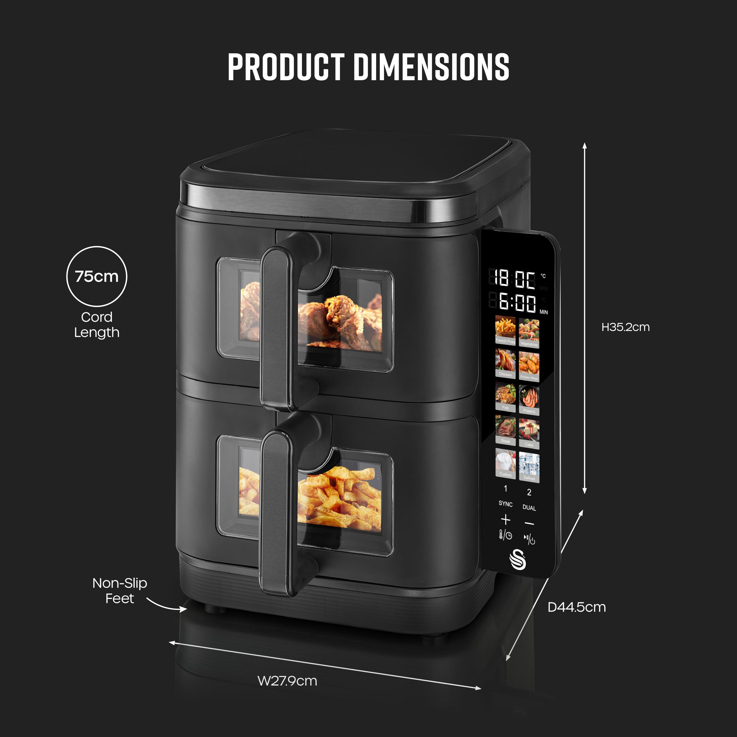 Swan SD10522BLK 11L Twin Stack Air Fryer with Swan Cyclone