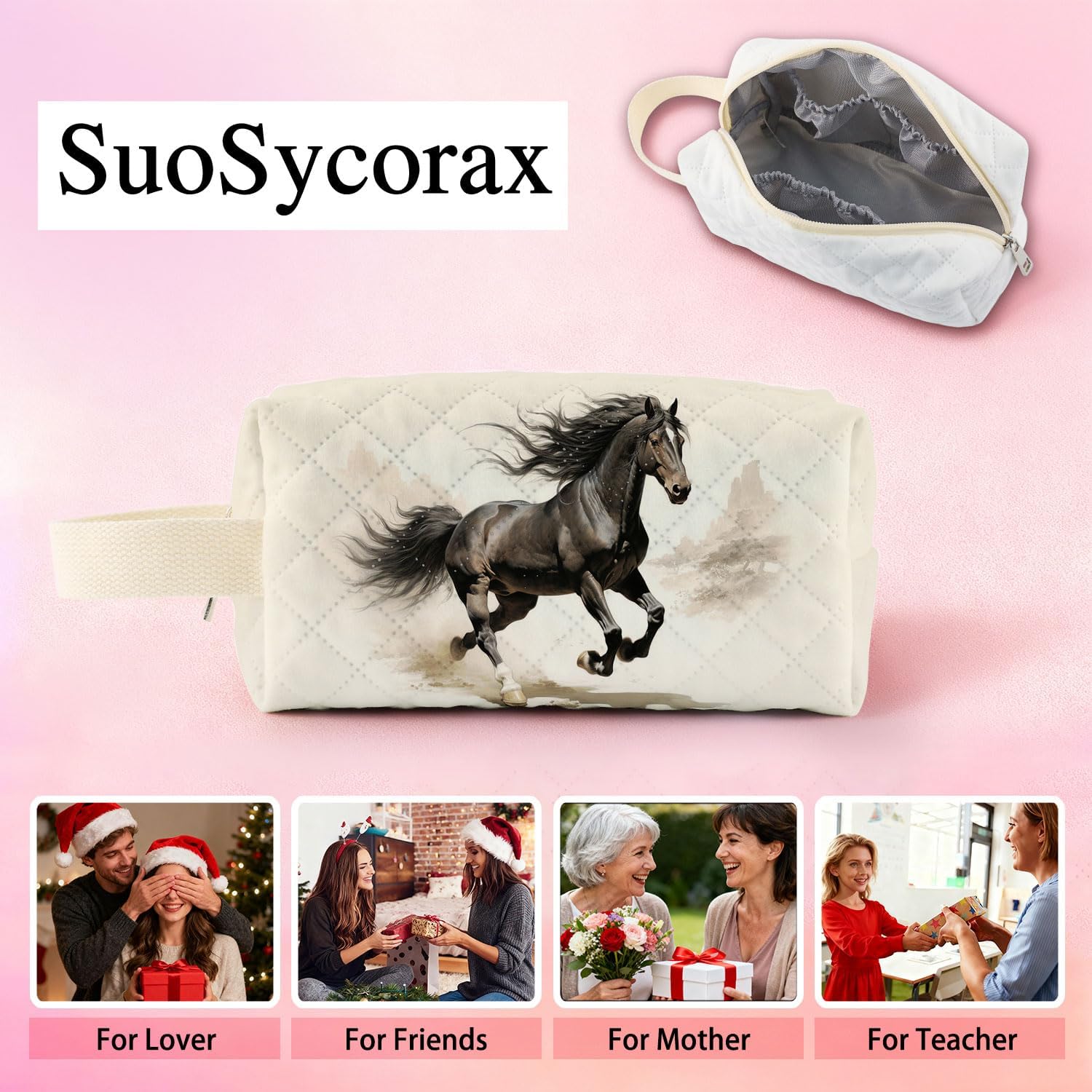 Horse Printed Quilted Makeup Bag for Women - Velvety Polyester Cosmetic Organizer w/Triple Compartments, Travel & Makeup Brush Holder -1 - Image 7