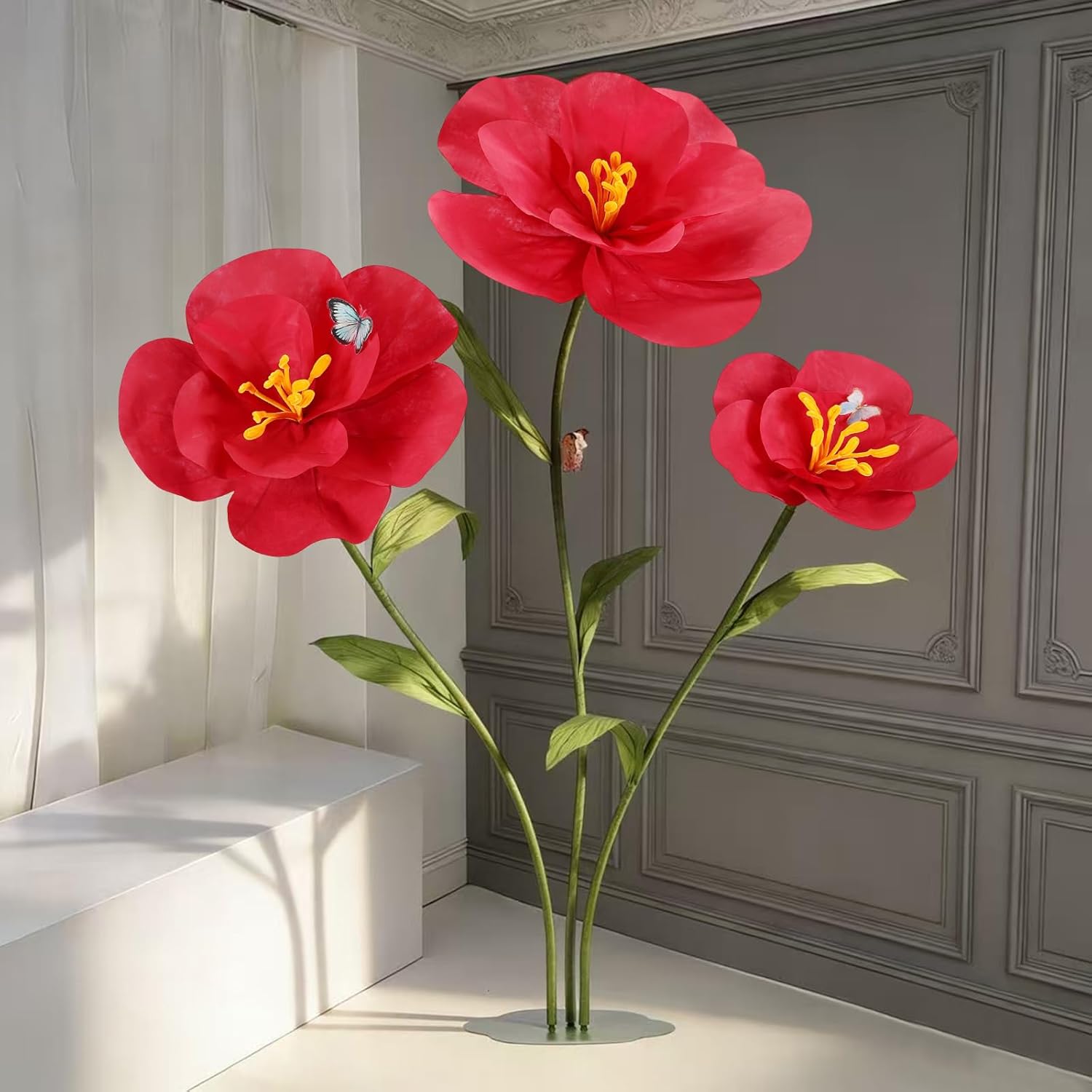 5.9 Ft Giant Flowers for Decoration Large Paper Flowers with Metal Bases and Long Stems Ideal for Wedding Decorations Hotels Party Store Window Displays Art Galleries(Red)