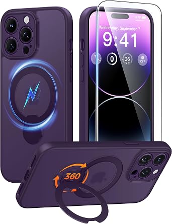 FNTCASE for iPhone 14 Pro Max Case with 360 Spin Magnetic Stand Purple
