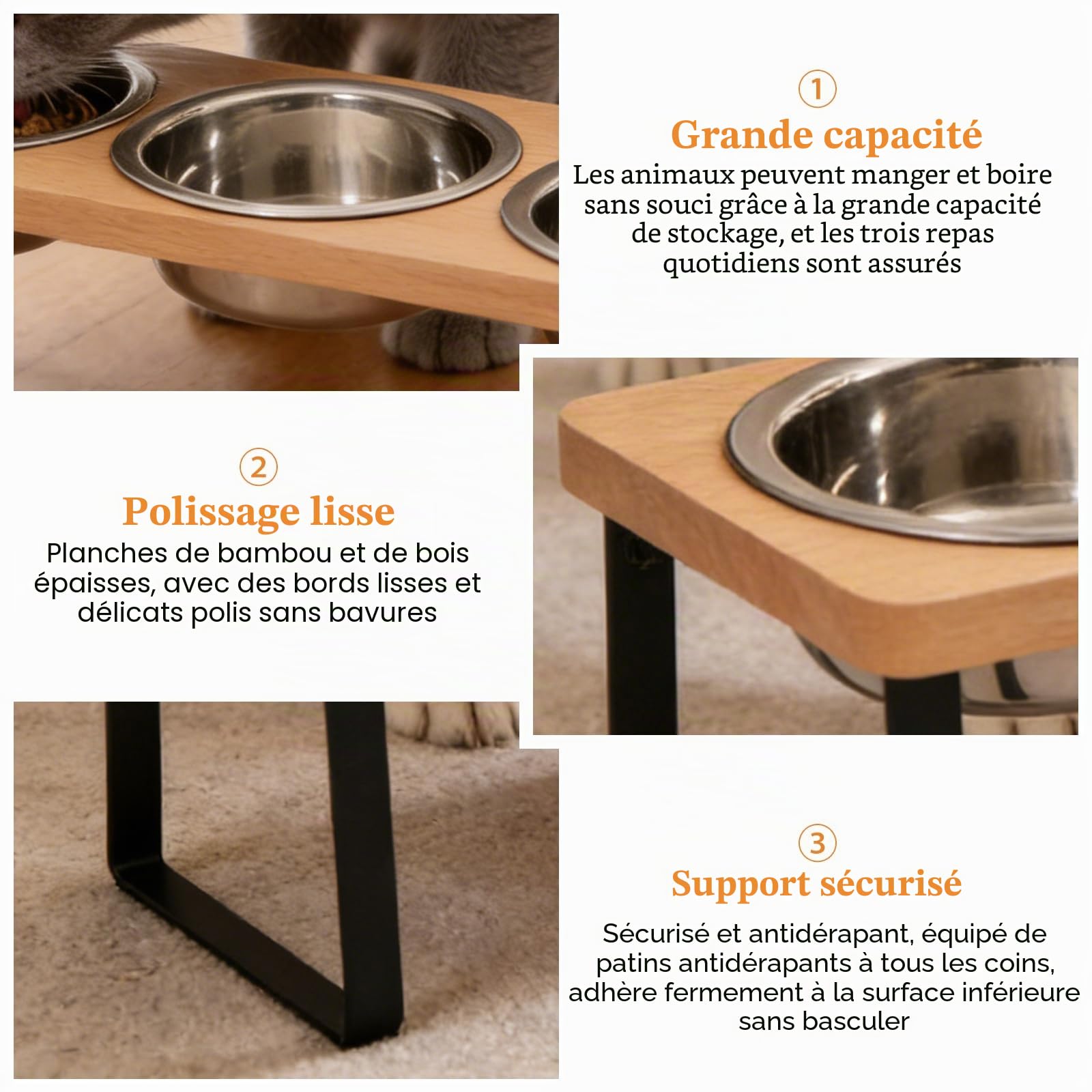 Gamelle Surélevée pour Chat, Station d'alimentation Surélevée avec 3 Gamelles en Acier Inoxydable, Ensemble de Gamelles inclinées à 15° avec Support en Bois, Gamelle pour Chat et Chien
