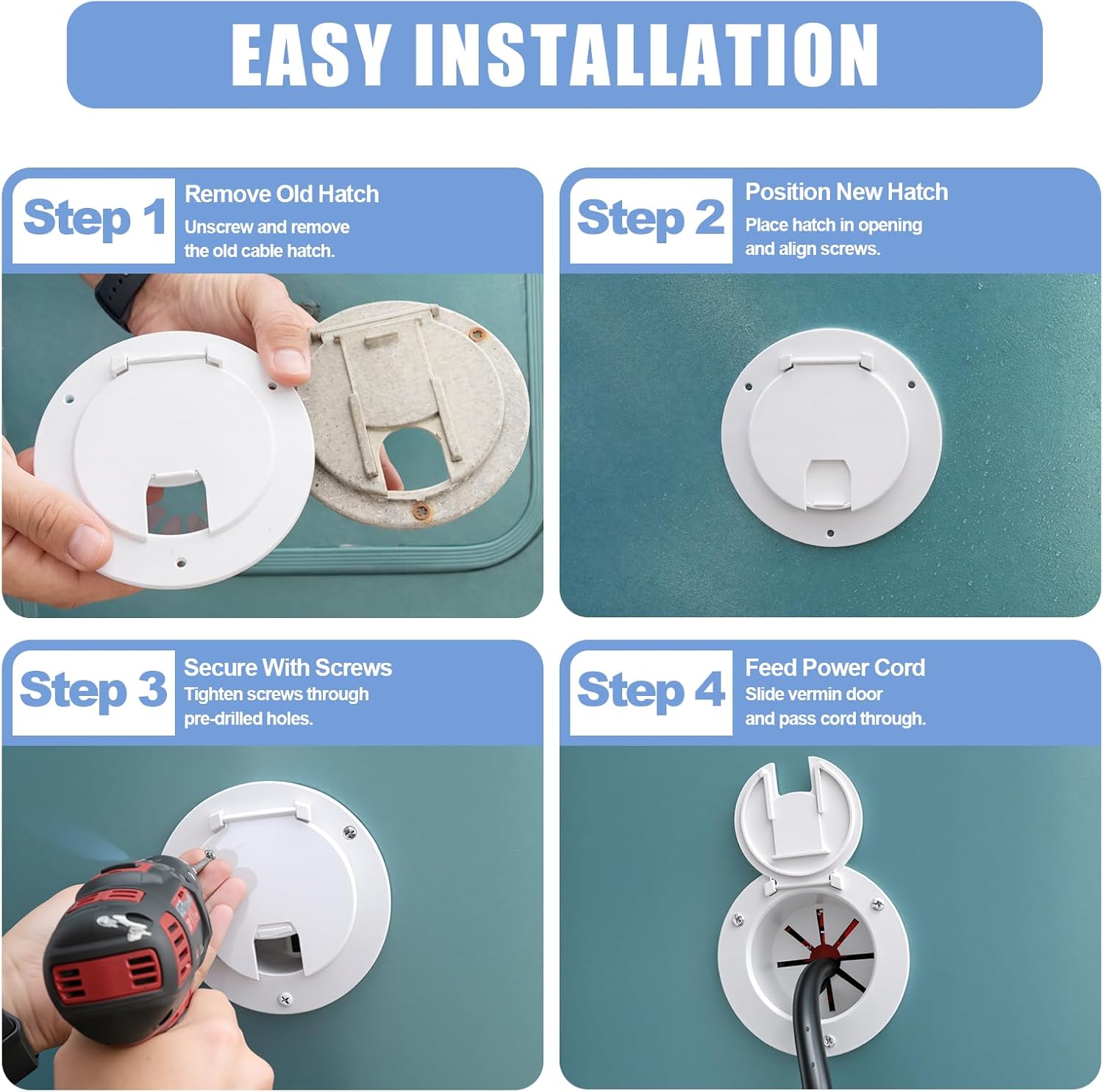 RV Cable Hatch, 5" Round Electrical Cable Hatch for 30 and 50 Amp Cords, White RV Camper Trailer Power Cord Hatch Electrical Access Door
