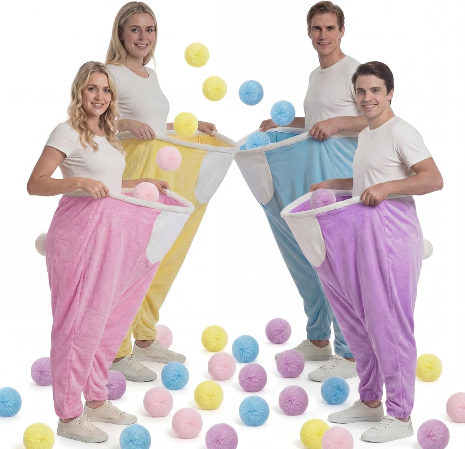 Cuffbow 4 Pcs Easter Bunny Granny Pants Outdoor Game Giant Pants with 40 Pom Balls Outdoor Tossing Catching Game for Easter Party Family Reunion Spring Team Building Church Events 14+