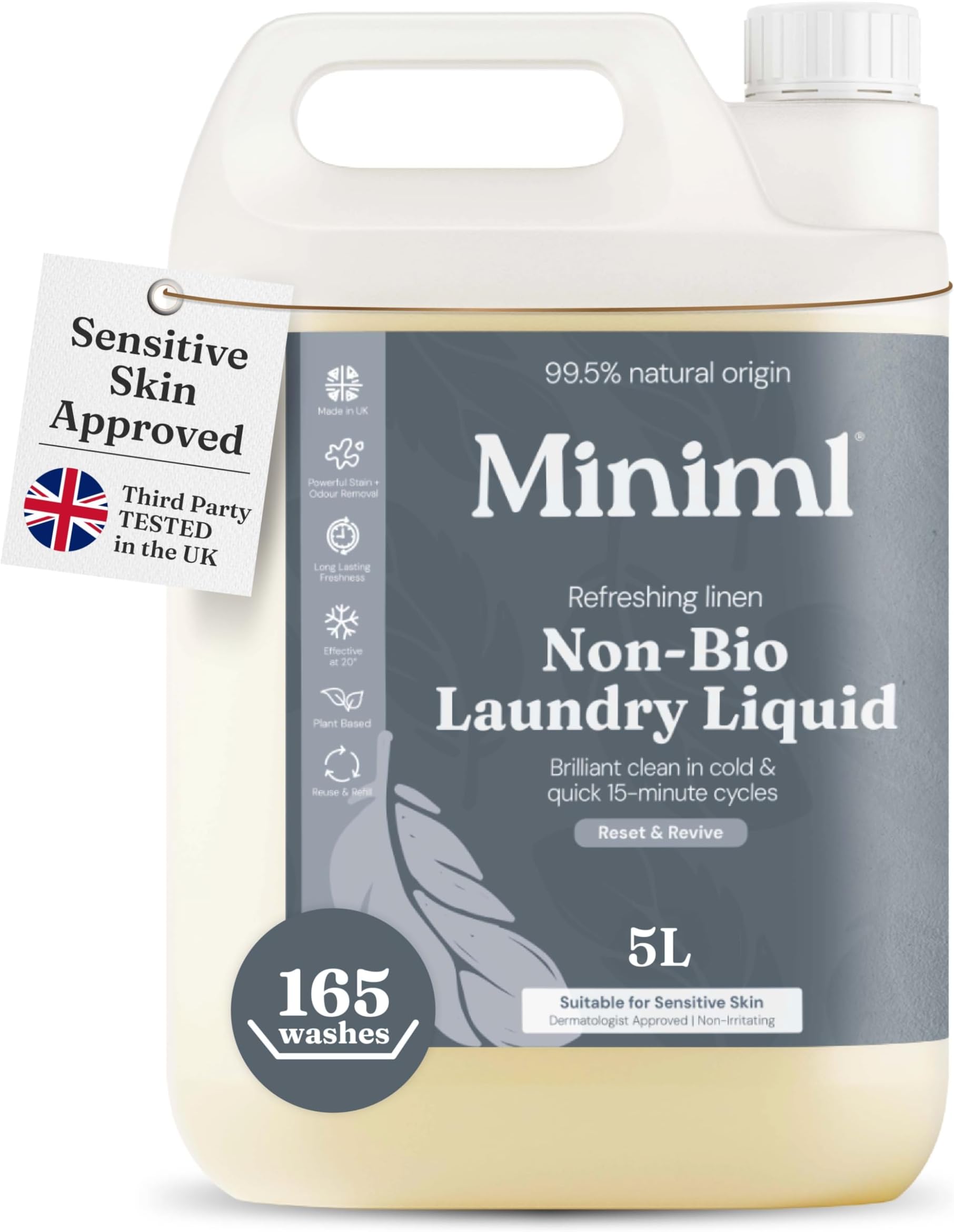 Miniml Eco Laundry Liquid Washing Detergent 5L Refill - Natural Non Bio Fresh Linen Scented Clothes and Fabric Softener for Machine or Delicate Hand Cleaning - 100% Vegan & Cruelty Free (165 Washes)