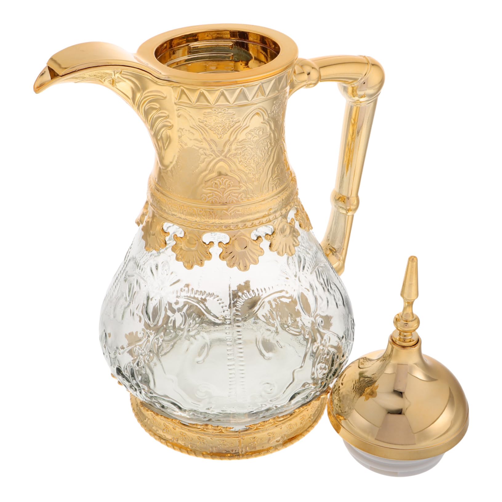 Jarra de Agua de Cristal Estilo Oriente Medio Dorada | Capacidad Moderada, Acabado en Plástico y Vidrio, Uso en Cocina y Fiestas, Manejo Sencillo y Limpieza Fácil