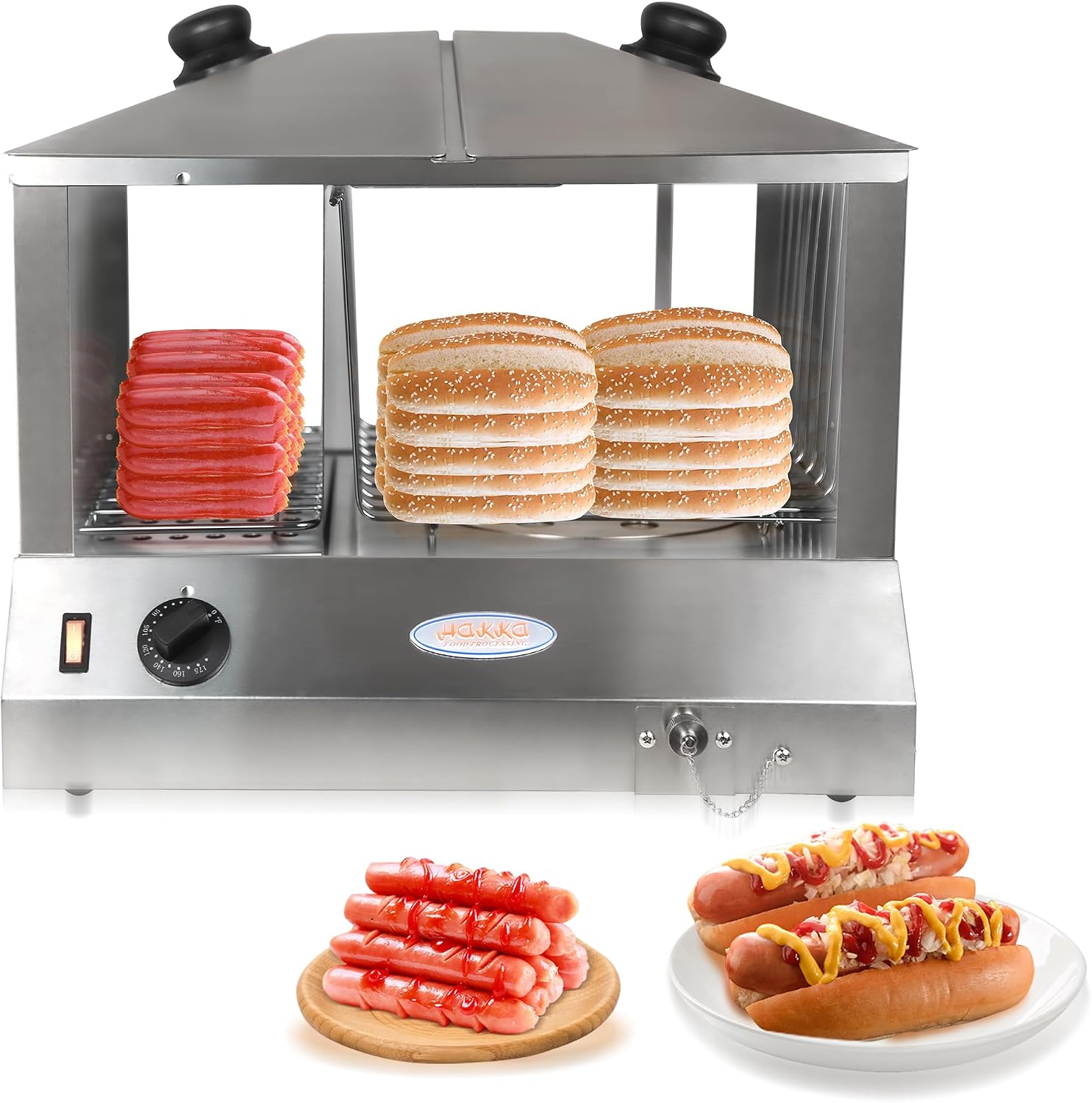 Hakka Hot Dog Steamer Commercial, Electric Hot Dog Steamer and Bun Warmer Holds 100 Hot Dogs and 48 Buns, Steam Heating, Convenient Slide Doors, Tempered Glass, 1300W