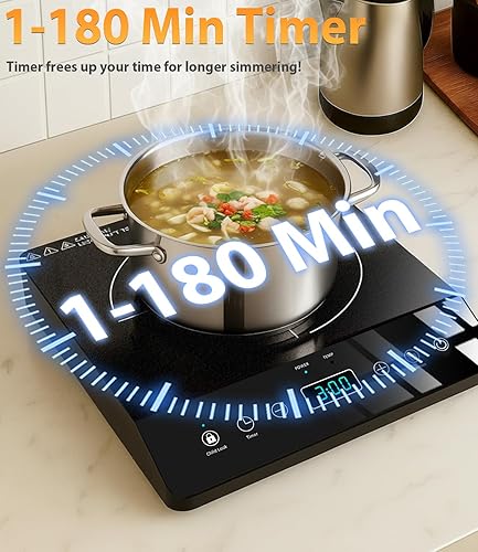 Miniatura 7 de Placa de inducción de un solo quemador, placa de cocción de inducción portátil de 1800 W con certificación ETL, bobina de calefacción grande de 8