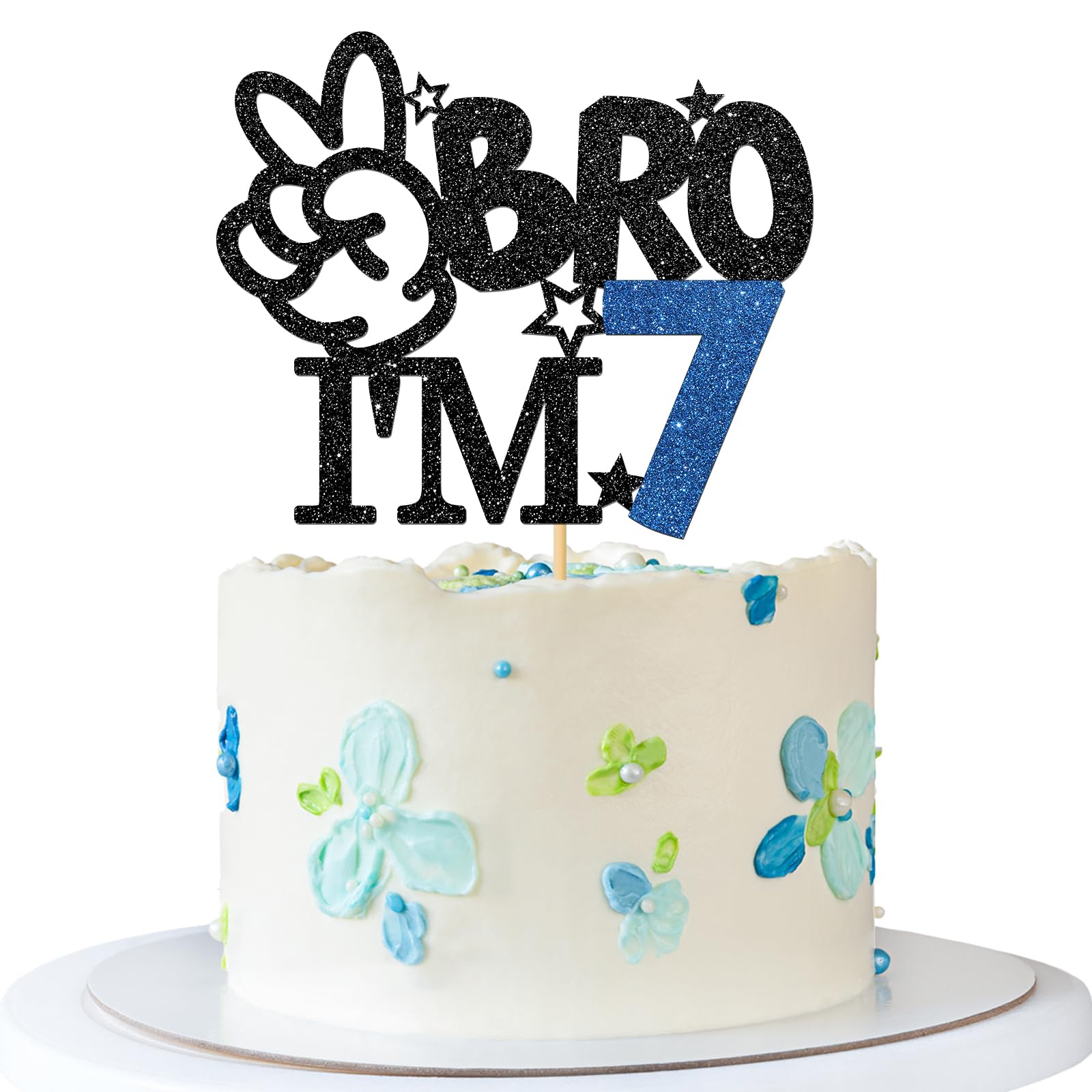 RoadSea Brother I'm 7 Cake Topper - Boy 7th Birthday Cake Supplies - 7 Years Old - Big Brother 7th Birthday Party Decoration - Black Glitter