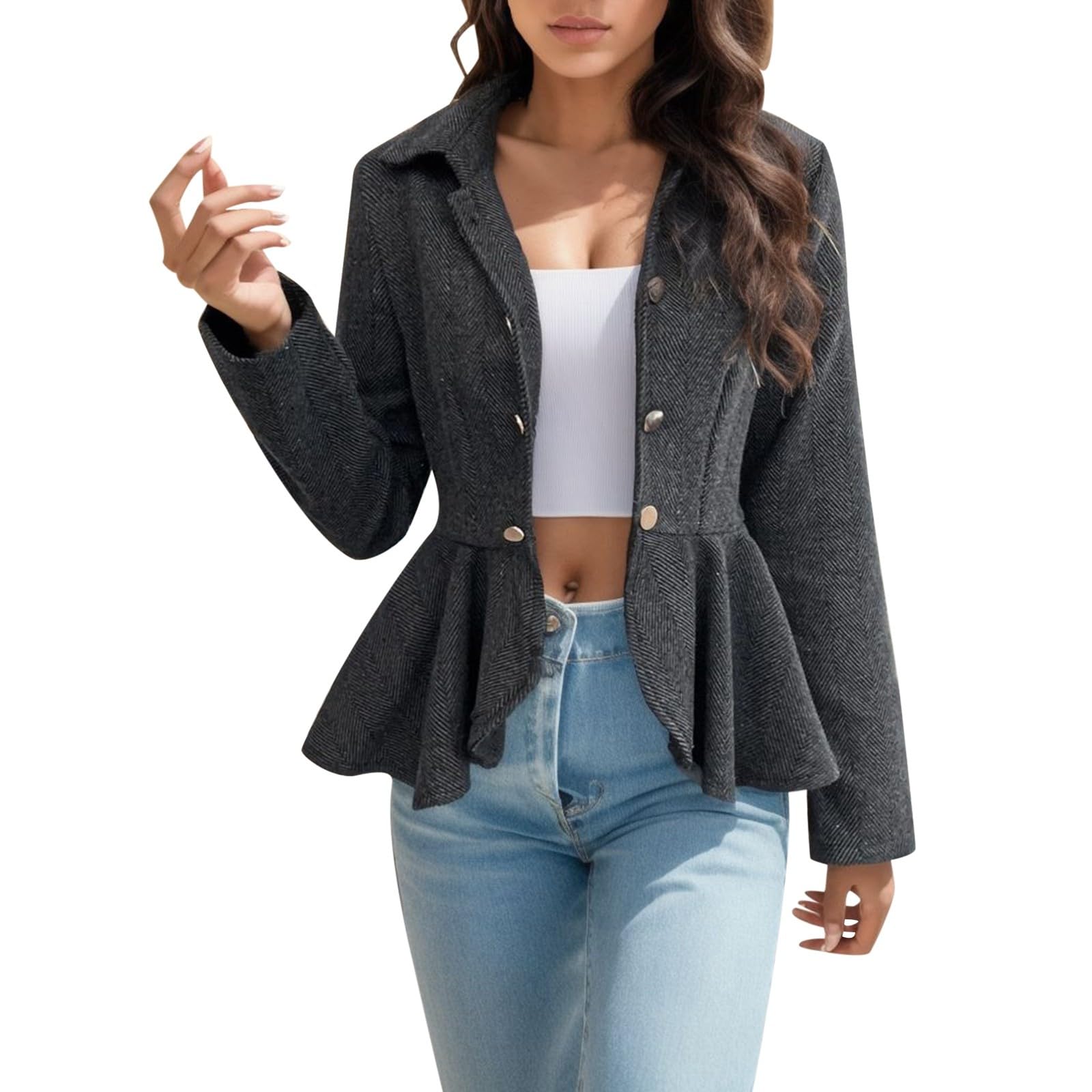 Genérico 2026 Chaqueta Entretiempo Mujer Elegante Chaqueta de Traje Oficina Jacquard Floral Peplum con Cierre Doble Botonadura