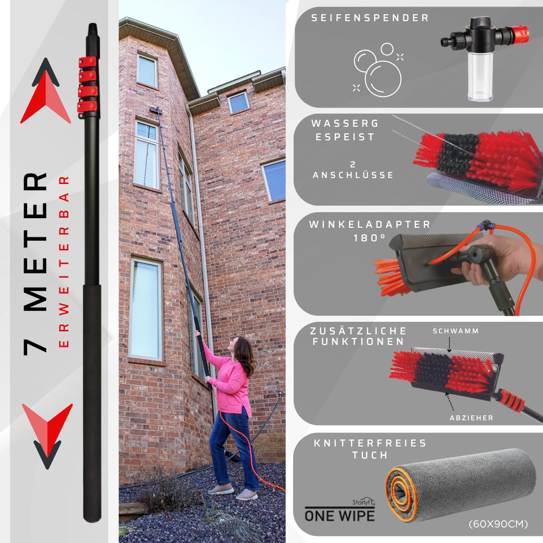 STARLYF Telescopic Hydrocleaner + Trockentuch, 90 x 60 cm, Reinigung von Solarplatten, Teleskopbesen für die Reinigung, Seifenspender, Glas, Waschen von LKW, Schildern, Booten (7 m)