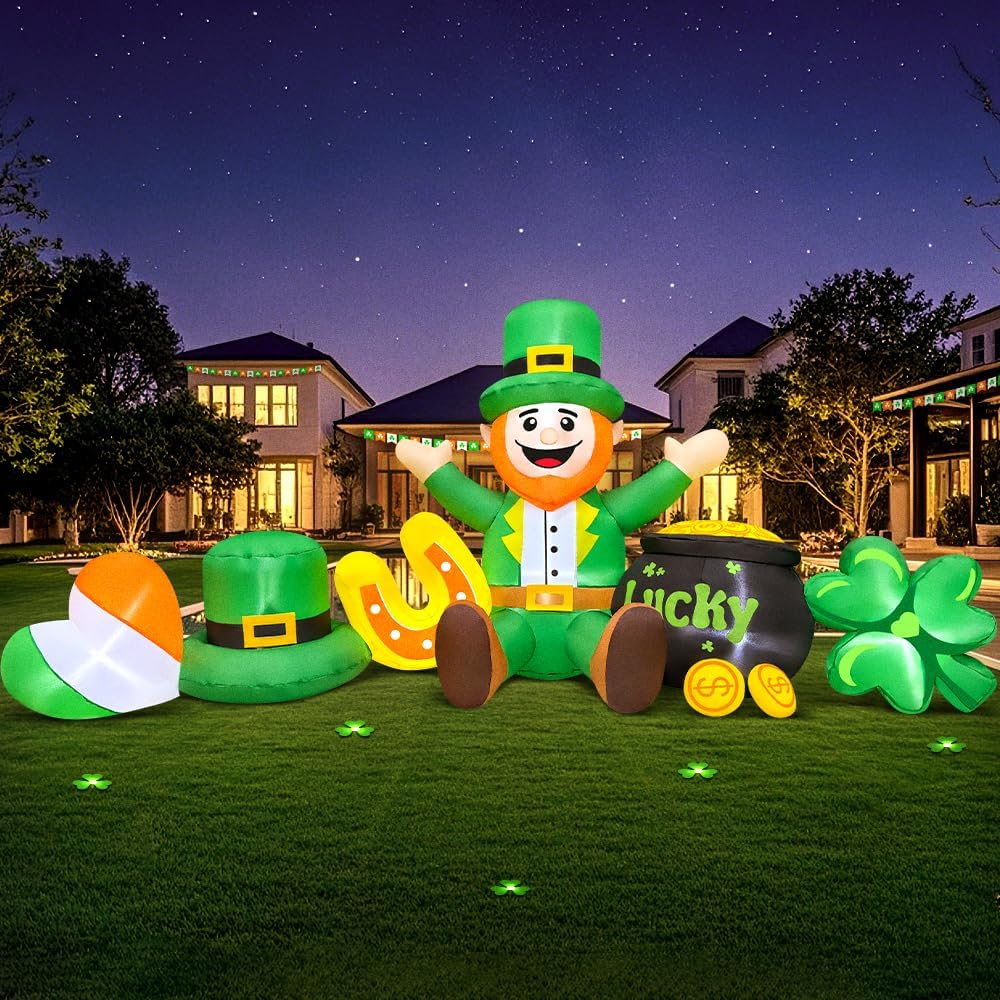 8FT St Patricks Day Inflatables Outdoor Decorations,Inflatable Leprechaun with Clover & Gold Coins Combo Blow Up Yard Decorations for Holiday Party Yard Lawn Garden